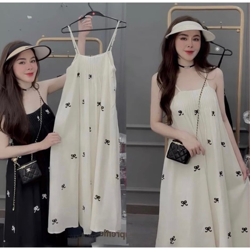 Váy hai dây 2 lớp họa tiết nơ có khuy điều chỉnh,váy maxi 2 dây đi biển ...