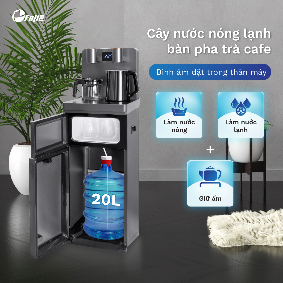 Mô tả Cây nước nóng lạnh bàn trà FUJIE TBH1332E Điều khiển máy từ xa - Cài nhiệt độ sôi từ 50 đến 100 độ C - 6