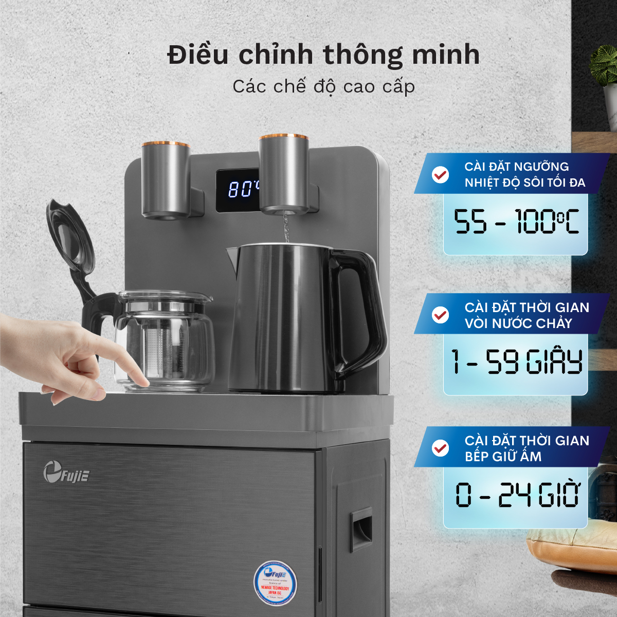 Mô tả Cây nước nóng lạnh bàn trà FUJIE TBH1332E Điều khiển máy từ xa - Cài nhiệt độ sôi từ 50 đến 100 độ C - 8