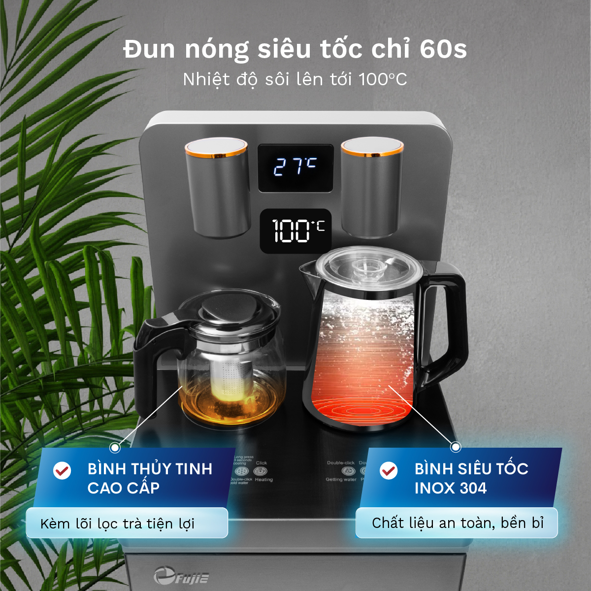 Mô tả Cây nước nóng lạnh bàn trà FUJIE TBH1332E Điều khiển máy từ xa - Cài nhiệt độ sôi từ 50 đến 100 độ C - 9
