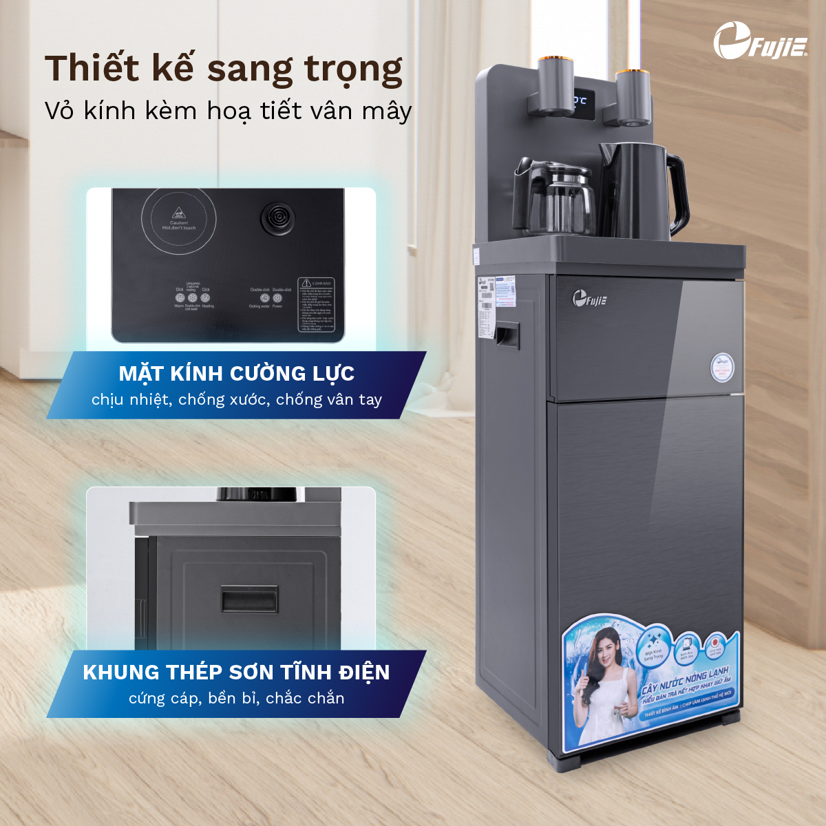 Mô tả Cây nước nóng lạnh bàn trà FUJIE TBH1332E Điều khiển máy từ xa - Cài nhiệt độ sôi từ 50 đến 100 độ C - 10