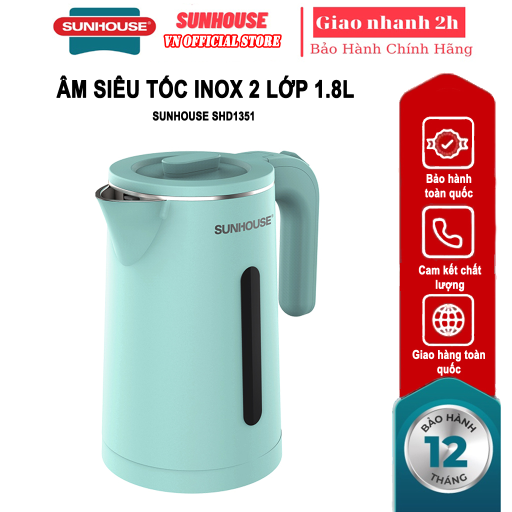 Ấm siêu tốc dung tích 1.8L 2 lớp Inox 304 Sunhouse SHD1351 / 1355 ...