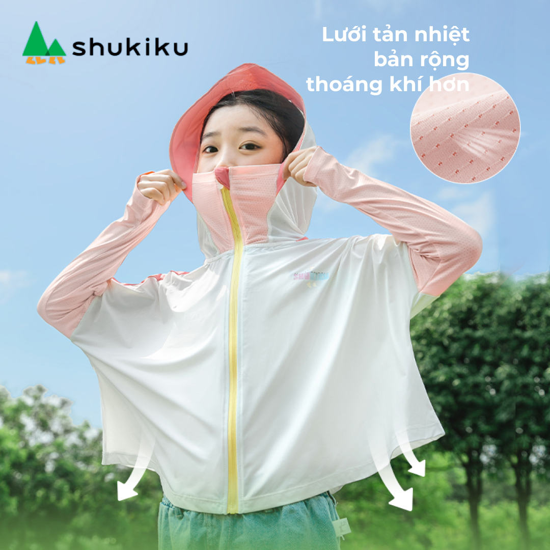 Mô tả Áo chống nắng cho bé siêu mỏng Shukiku Nhật Bản, chống UV UPF 50+, có mũ, che tay và cằm - 3