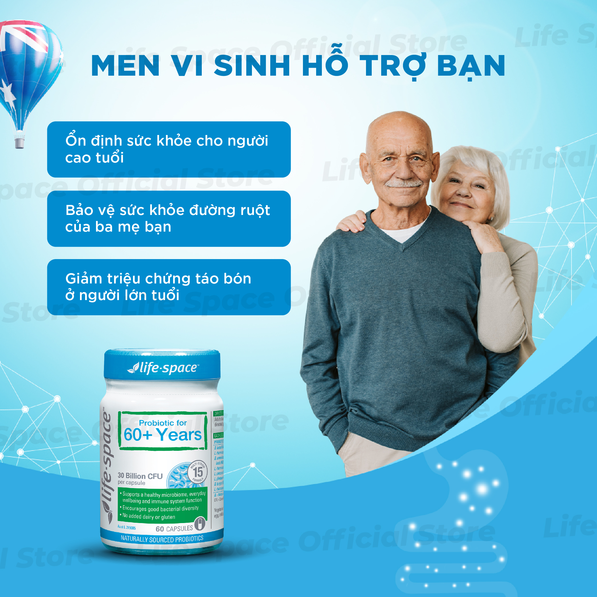 Mô tả Men vi sinh Life Space 60+ hỗ trợ tốt cho tiêu hóa và tăng cường sức đề kháng cho người từ 60 tuổi trở lên (Lọ 60 viên) - 1