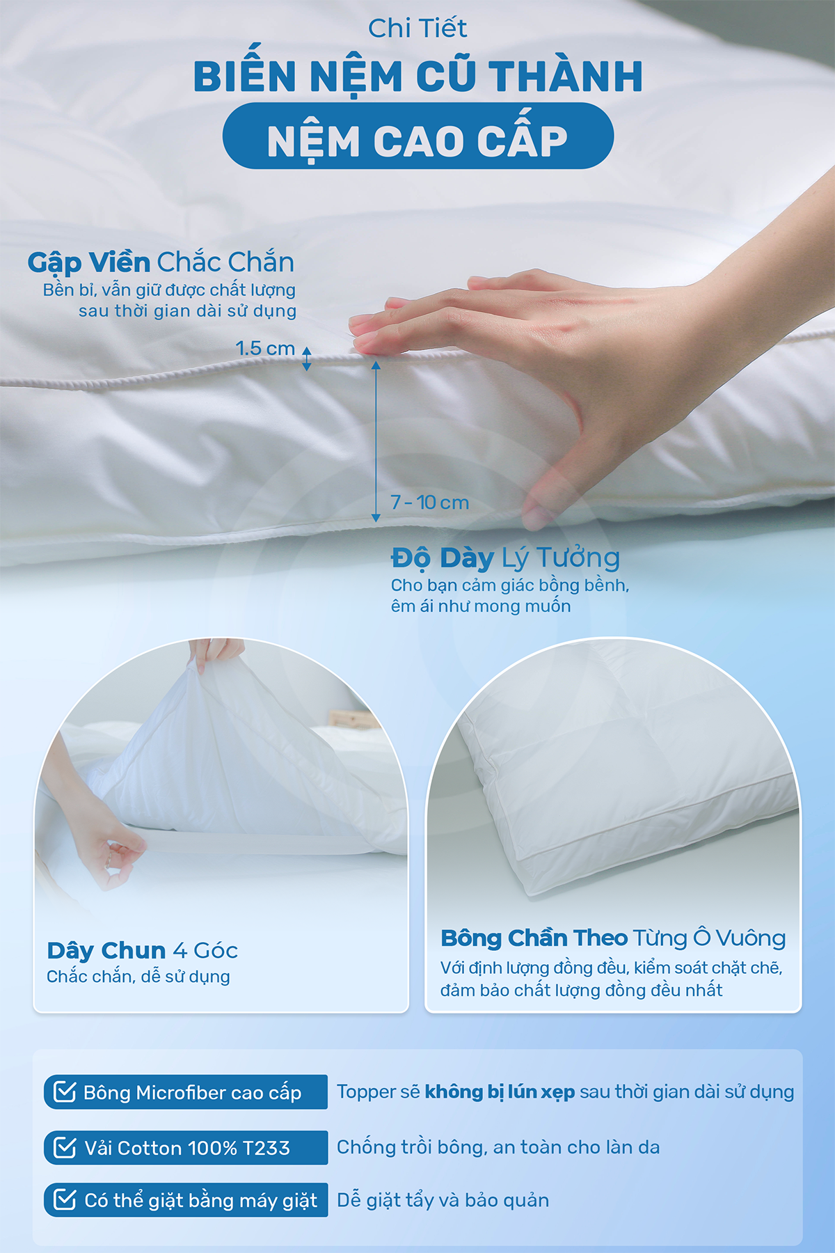 Mô tả Tấm Topper Khách Sạn 5 Sao CHU MY – Microfiber, Cotton Tự Nhiên, Dày 7cm - 2