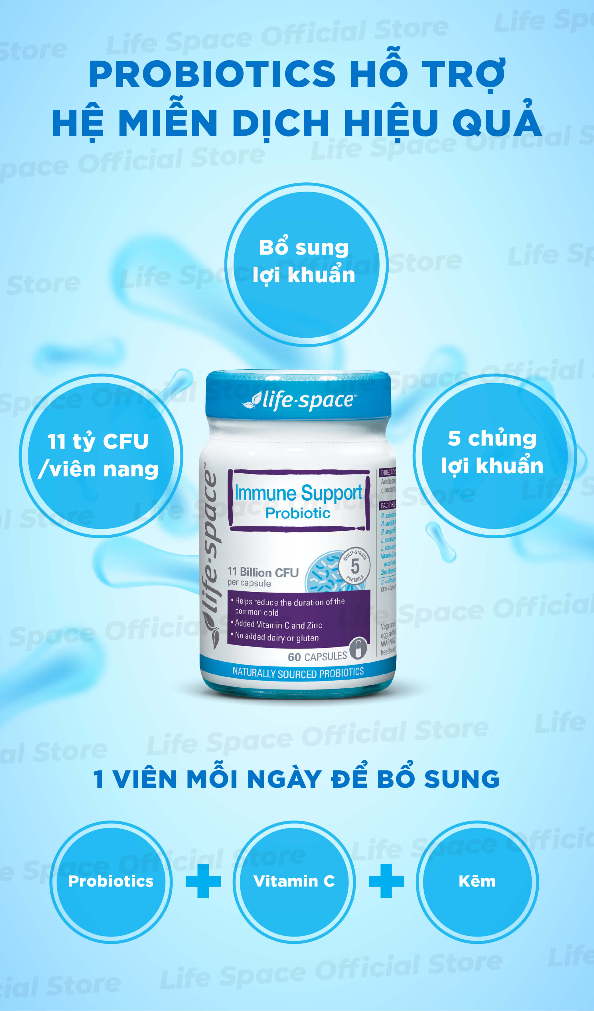 Mô tả Men vi sinh Life Space Immune Support tăng cường đề kháng, bổ sung lợi khuẩn, vitamin C, kẽm lọ 60 viên Prebiotic - 1