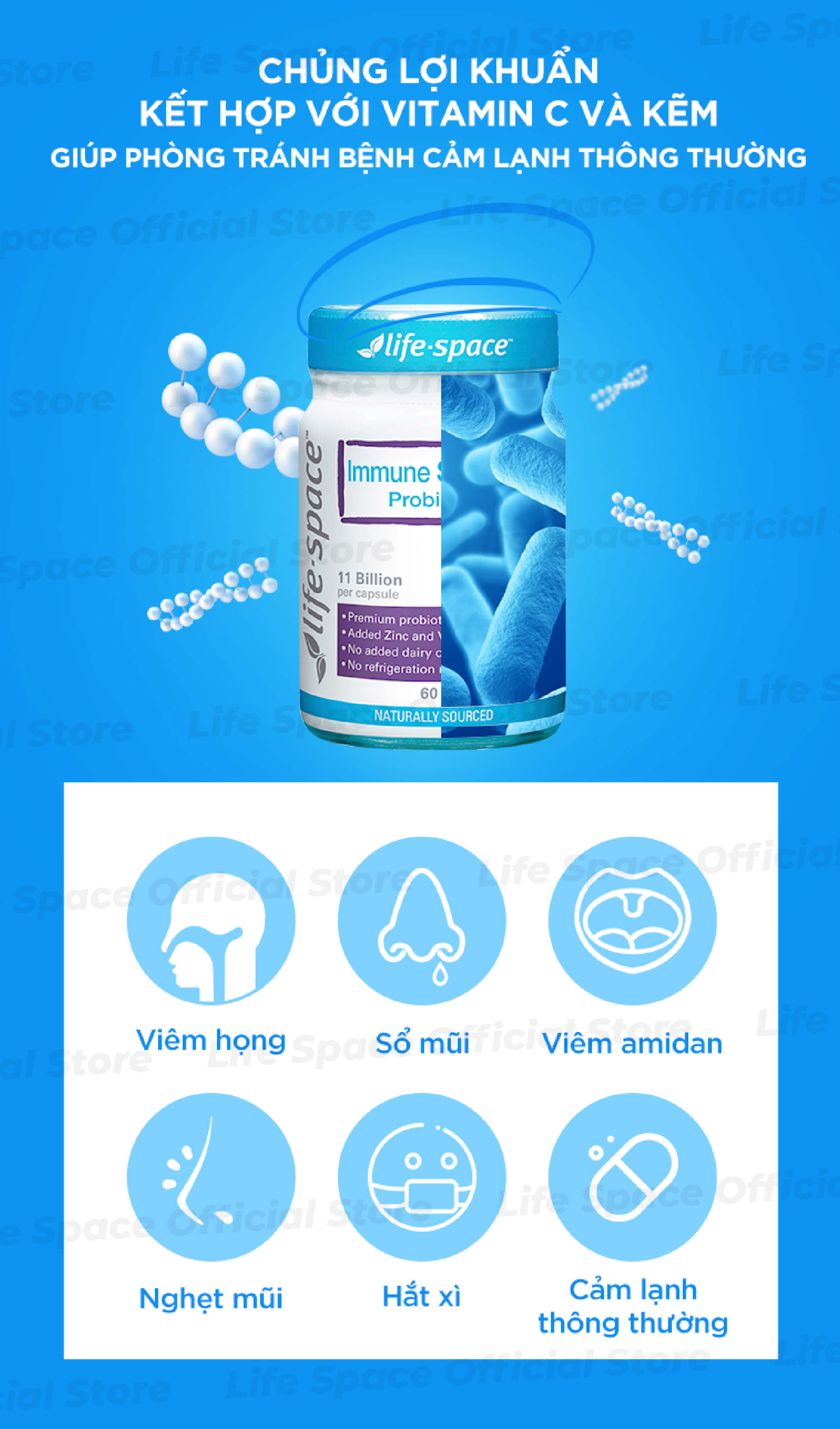 Mô tả Men vi sinh Life Space Immune Support tăng cường đề kháng, bổ sung lợi khuẩn, vitamin C, kẽm lọ 60 viên Prebiotic - 2