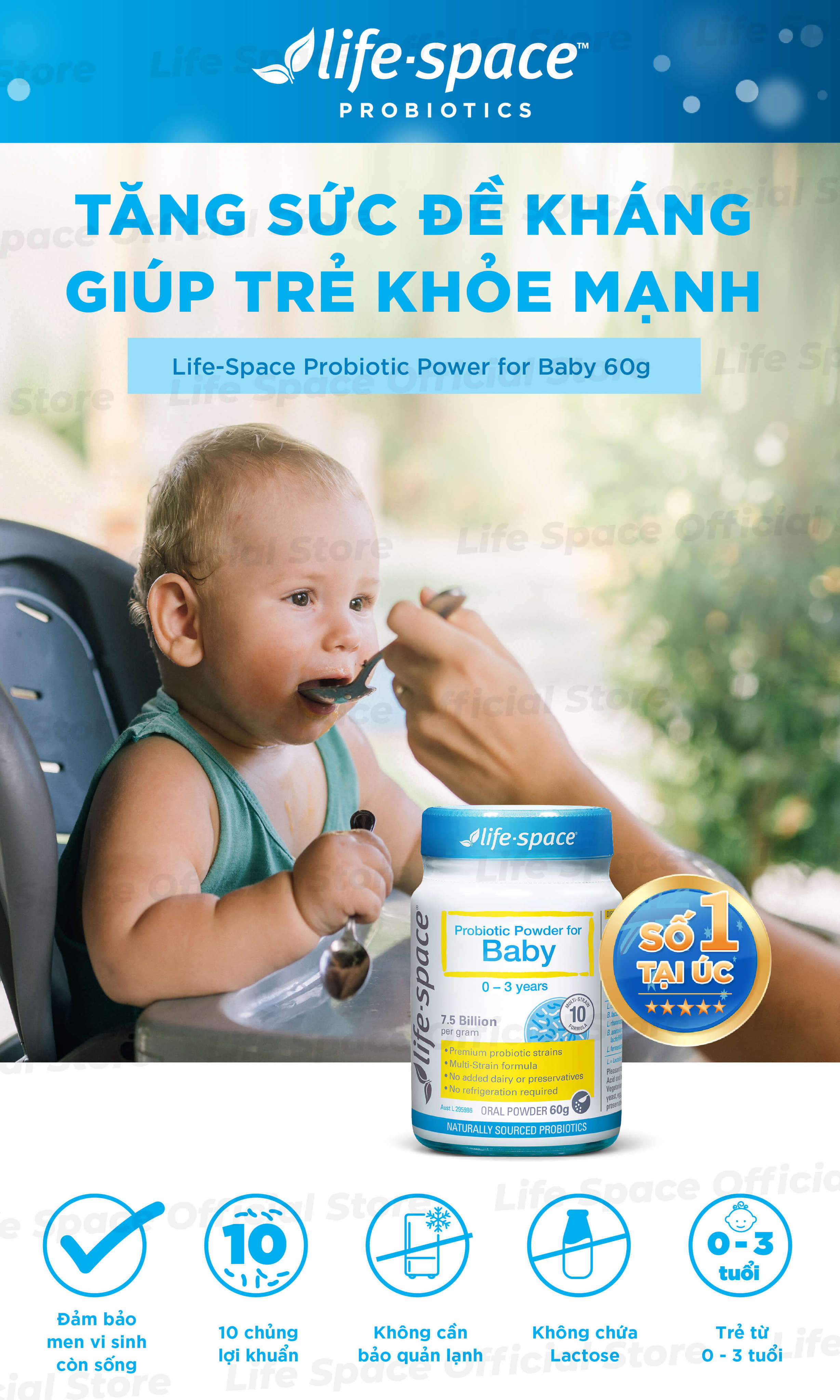 Mô tả Men vi sinh Life Space Powder For Baby giúp hỗ trợ tốt cho tiêu hóa, hỗ trợ tăng cường sức đề kháng cho bé 0-3 tuổi 60g - 1