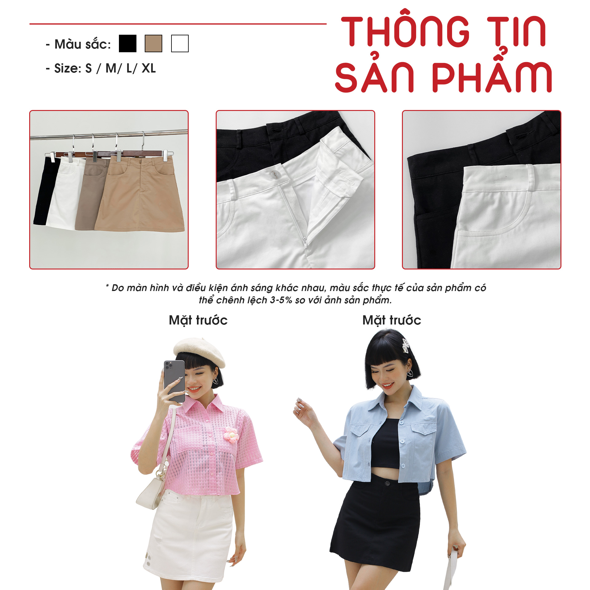 Mô tả Chân váy ngắn nữ VMSTYLE, chân váy chữ A trơn 1 cúc đen, trắng basic đi học, đi làm 07194 - CVN00001 - 2