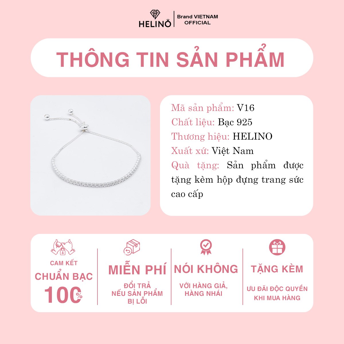 Mô tả Lắc tay bạc HELINO đính đá dải cao cấp chốt dây rút cá tính trang sức nữ cao cấp V16 - 1
