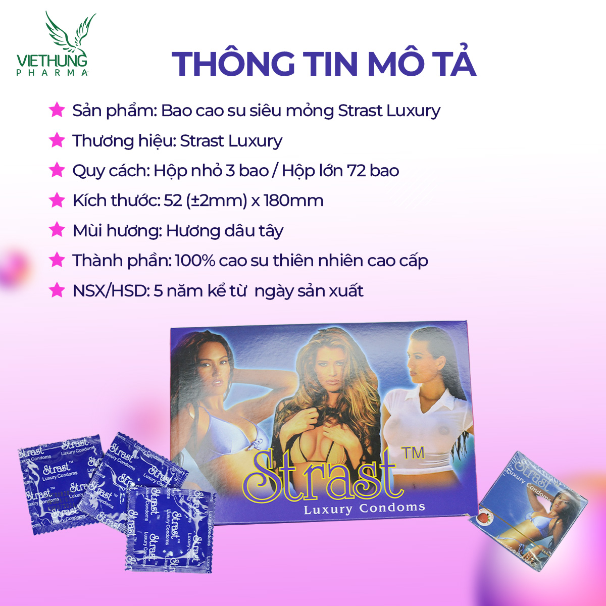 Mô tả Bao cao su gia đình VietHung Pharma Strast Luxury gai bi mềm quanh thân, bổ sung nhiều gel bôi trơn - Hộp 72 chiếc - 1