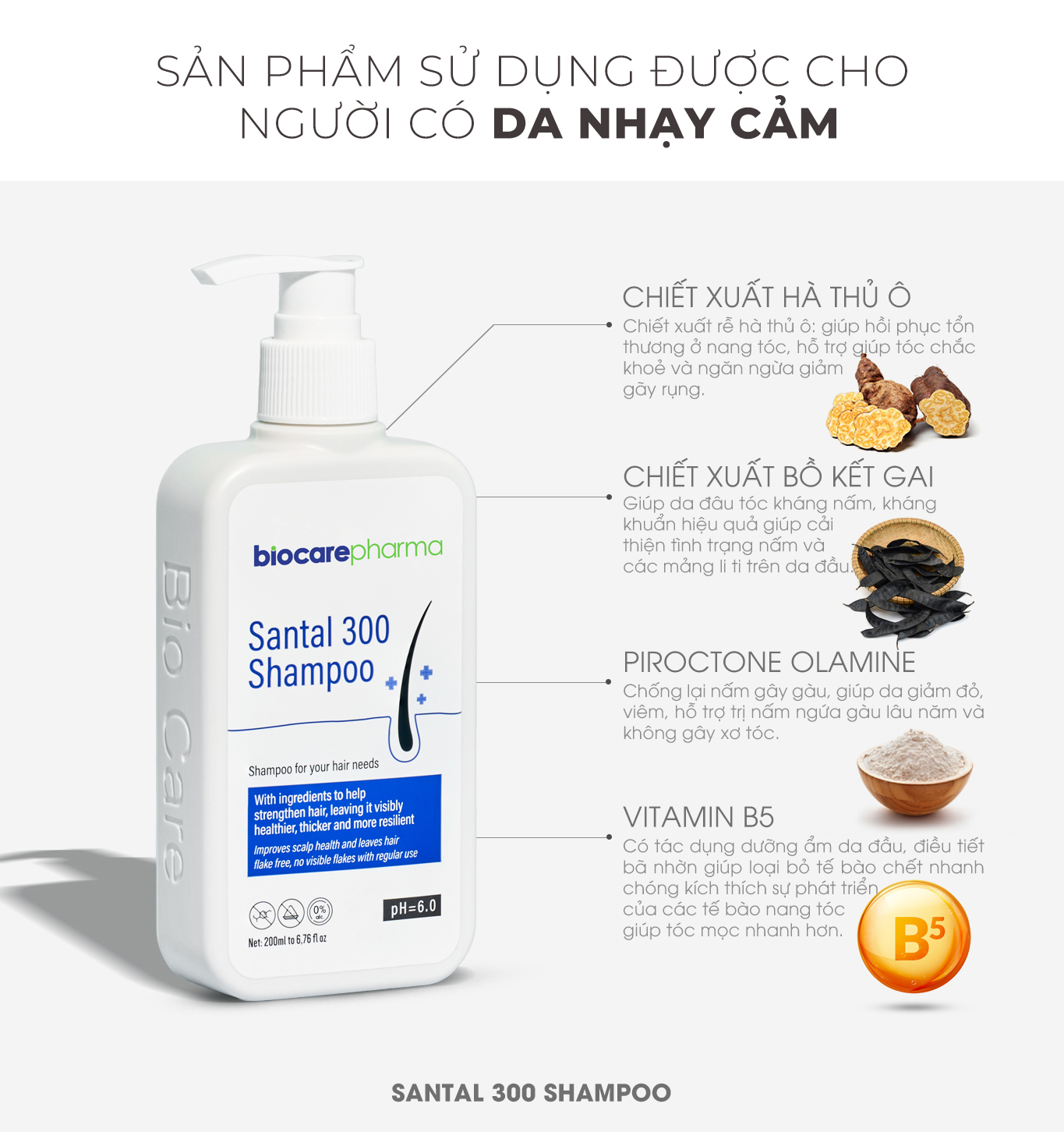 Mô tả Dầu gội dược liệu BIO CARE PHARMA giảm gàu, nấm ngứa da đầu Santal 300 Shampoo 200ml - 1