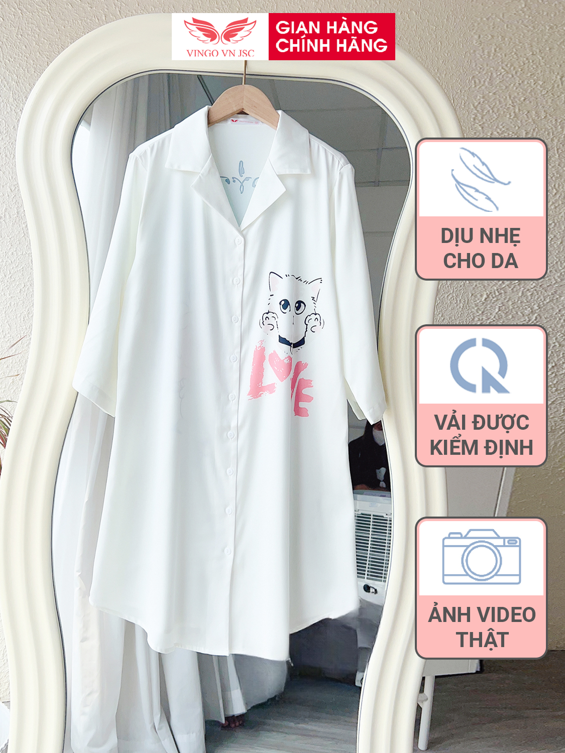 Mô tả Váy sơ mi dáng dài lụa Pháp màu trắng mặc mùa Hè VINGO N451 - N484 VNGO - 1