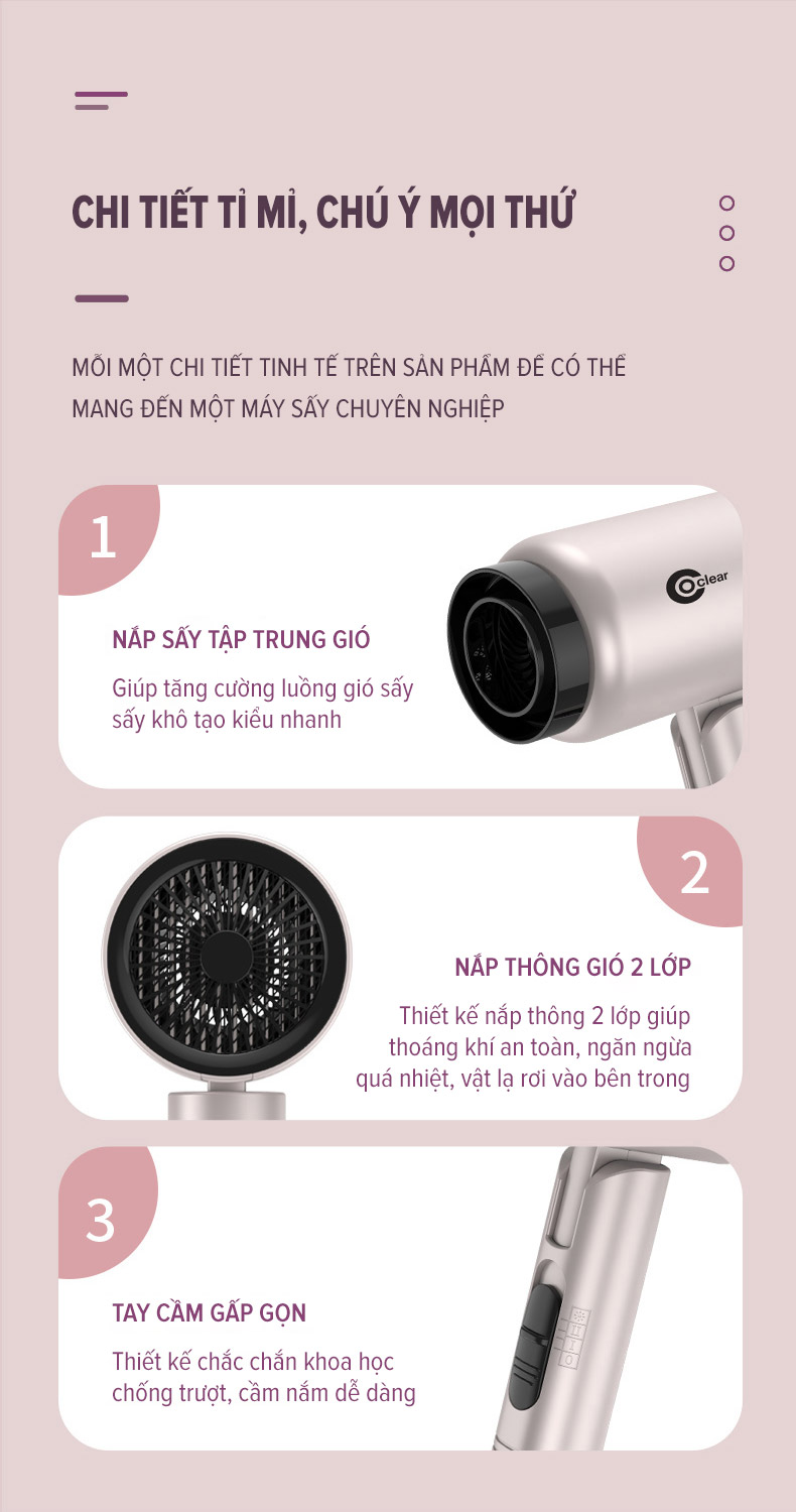 Mô tả Máy Sấy Tóc Mini Coclear CH6613 (1600W) Chế Độ Sấy Mát Bảo Vệ Tóc - Hàng Chính Hãng - 7