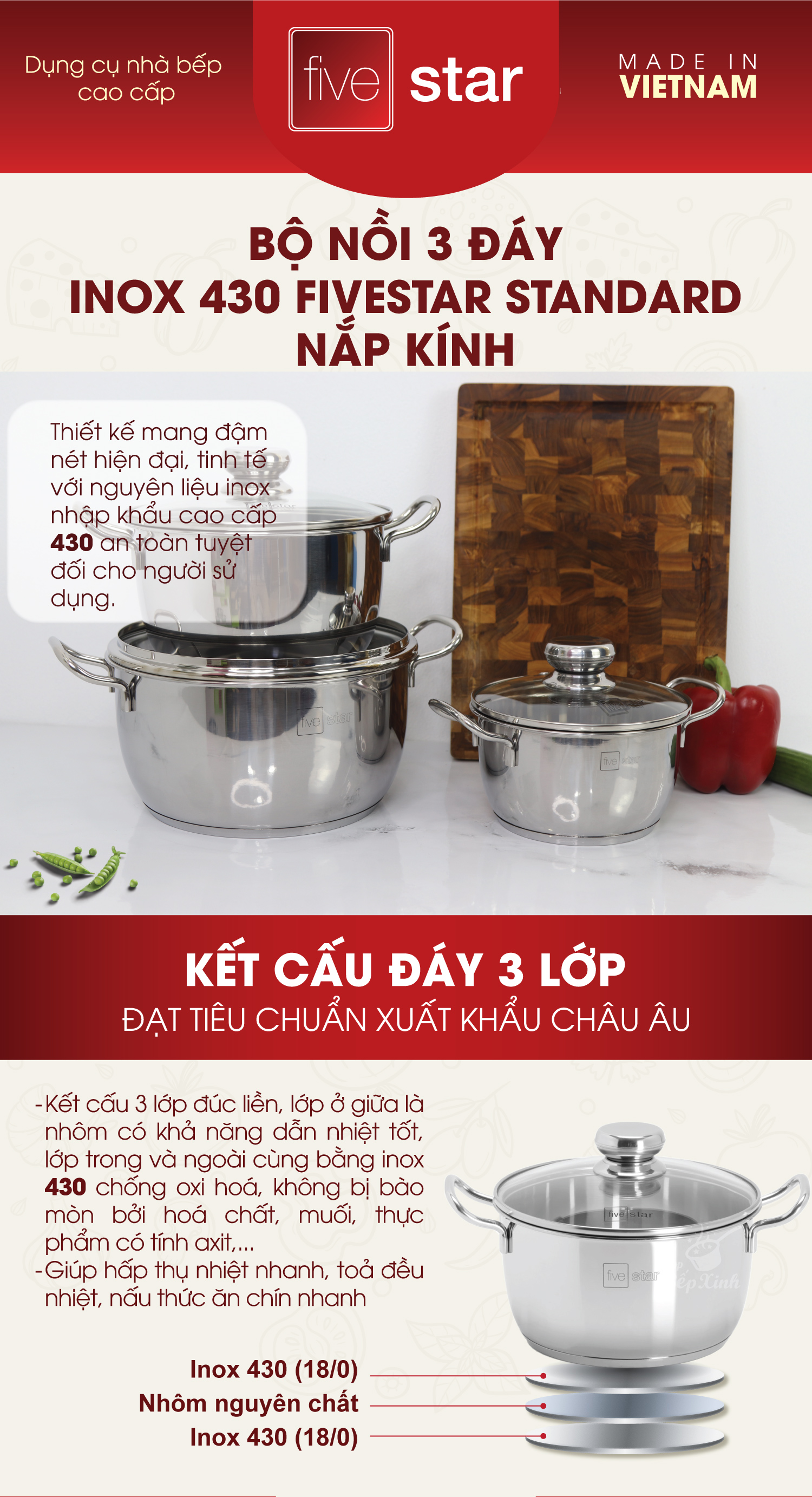 Mô tả Bộ nồi inox 430 cao cấp Fivestar 3 đáy nắp kính dùng được bếp từ , hồng ngoại , gas , tặng 1 vá canh - 1