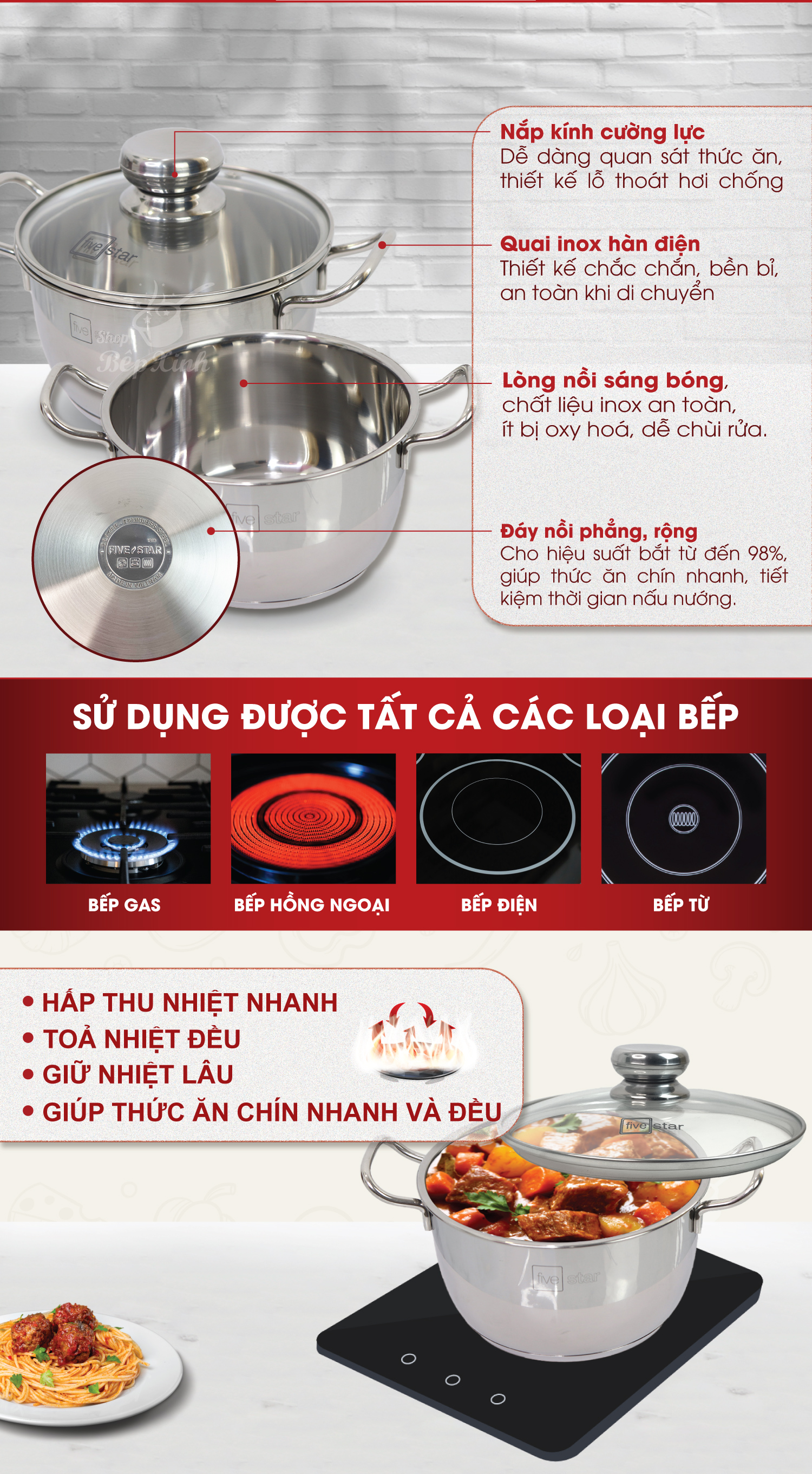 Mô tả Bộ nồi inox 430 cao cấp Fivestar 3 đáy nắp kính dùng được bếp từ , hồng ngoại , gas , tặng 1 vá canh - 2