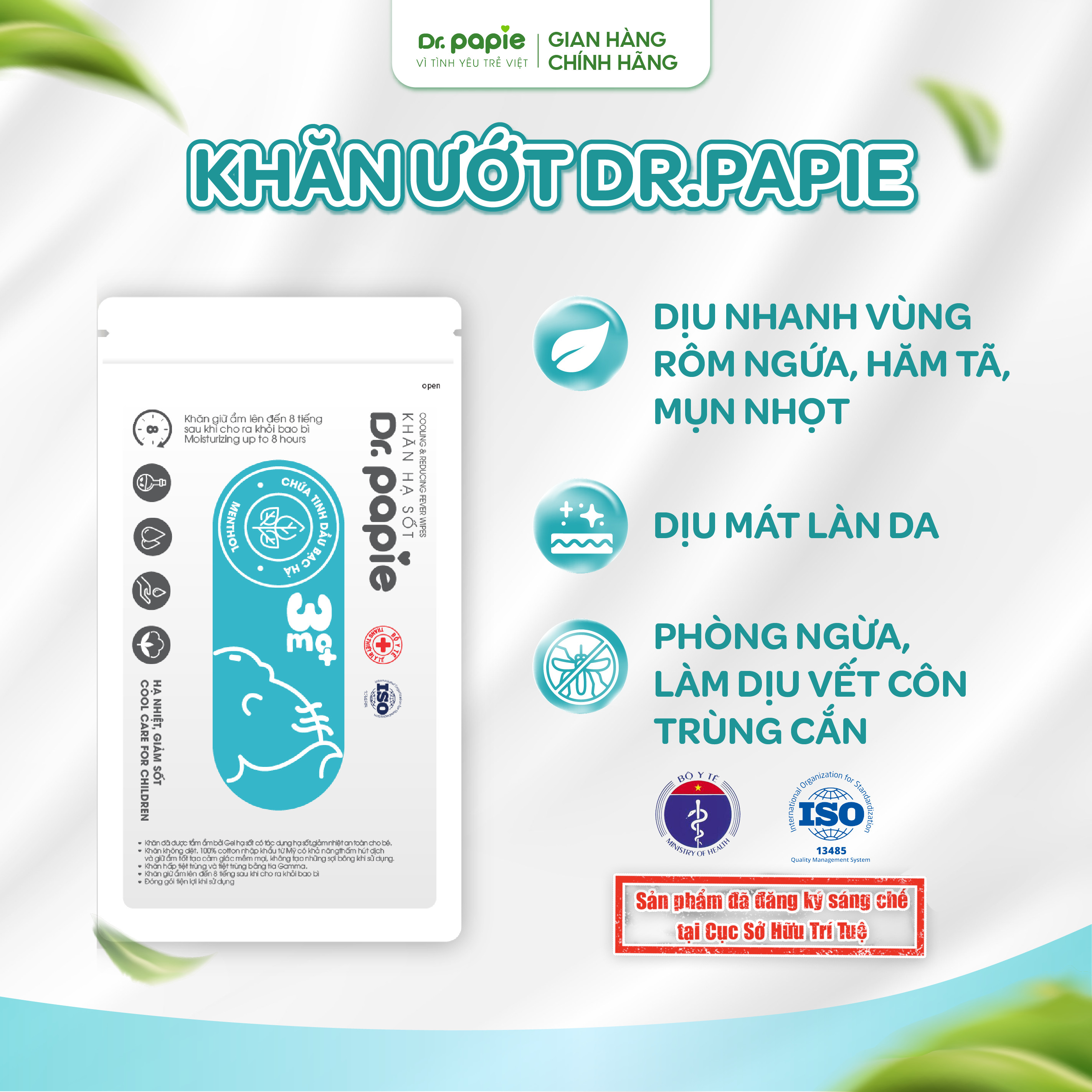 Mô tả 1 Gói Khăn Lau Hạ Sốt Tẩm Ướt Thảo Dược Dr.Papie Làm Mát Dịu Da, Vết Côn Trùng Đốt, Giảm Rôm Sảy, Mẩn Ngứa Cho Bé - 1