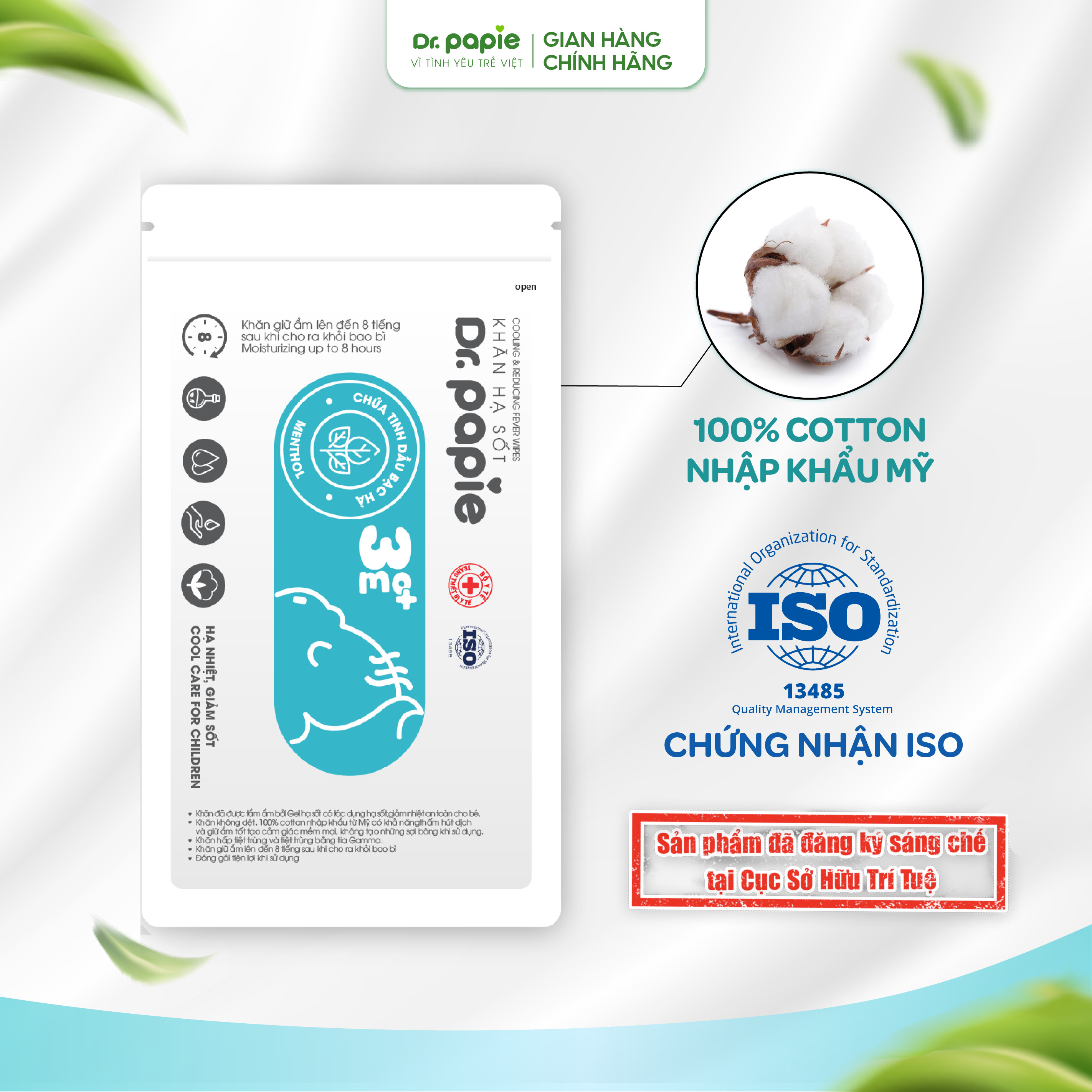 Mô tả 1 Gói Khăn Lau Hạ Sốt Tẩm Ướt Thảo Dược Dr.Papie Làm Mát Dịu Da, Vết Côn Trùng Đốt, Giảm Rôm Sảy, Mẩn Ngứa Cho Bé - 4