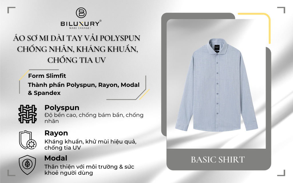 Mô tả Áo Sơ Mi Dài Tay 7SMDB008 Biluxury Vải Polyspun Chống Nhăn Kháng Khuẩn Chống Tia UV - 1