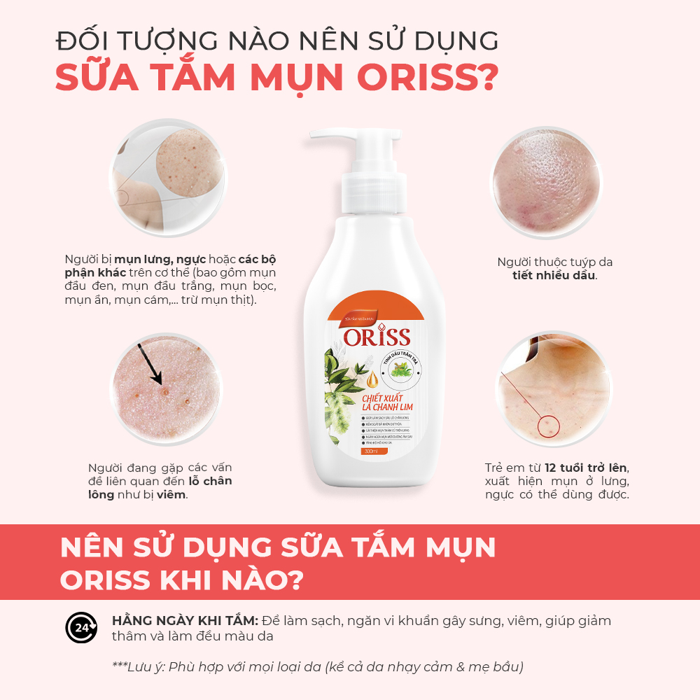 Mô tả Sữa tắm Oriss khỏi mụn lưng giảm thâm mụn, viêm nang lông chai 300ml - 5
