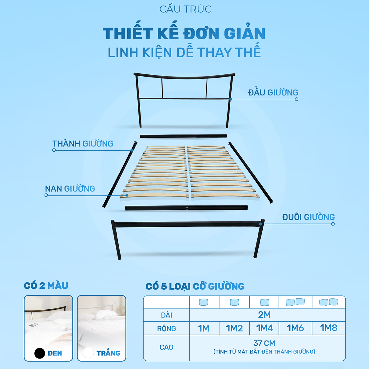Mô tả Giường ngủ lắp ráp TOKYO CHU MY, khung thép sơn tĩnh điện, màu đen nhám/trắng bóng, nhiều kích thước - 6