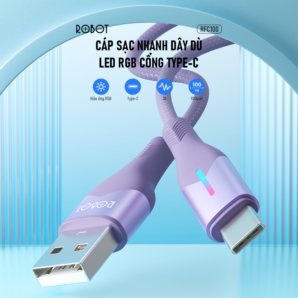 Mô tả Cáp Sạc Nhanh ROBOT RFL100/RFC100/RFM100 Chiều Dài 1M Có Đèn Led Dây Dù Chống Rối - 1