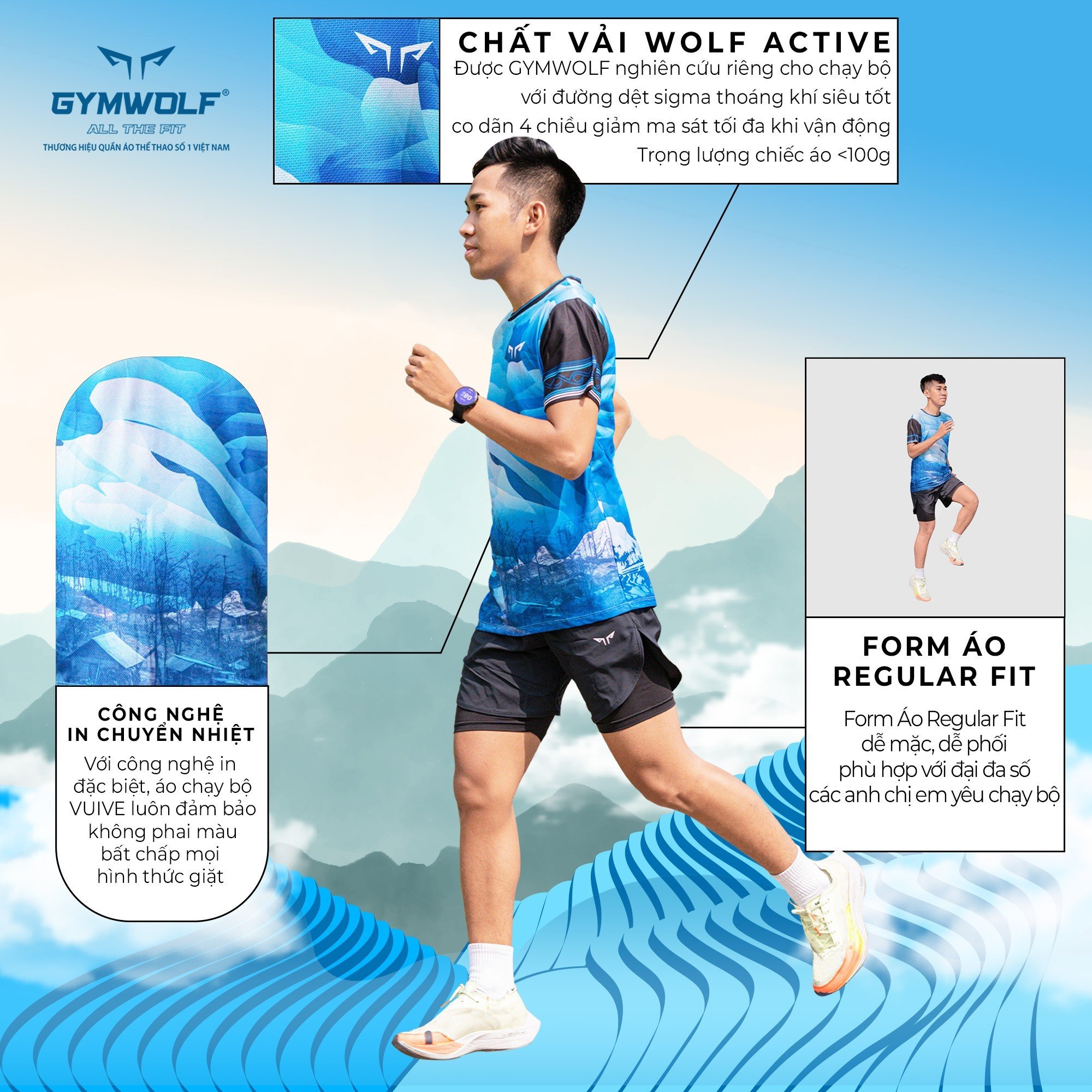 Chi tiết chất liệu áo chạy bộ Gymwolf Mây Trời Tây Bắc – nhẹ, thoáng khí, co giãn 4 chiều