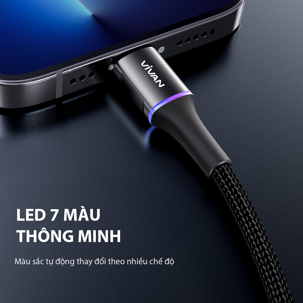 Mô tả Cáp Sạc Nhanh VIVAN VDCL120/ VDCC120 Type-C to L/ Type-C to Type-C, Led 7 Màu, Dài 120cm, Thiết Kế Chống Rối - 1