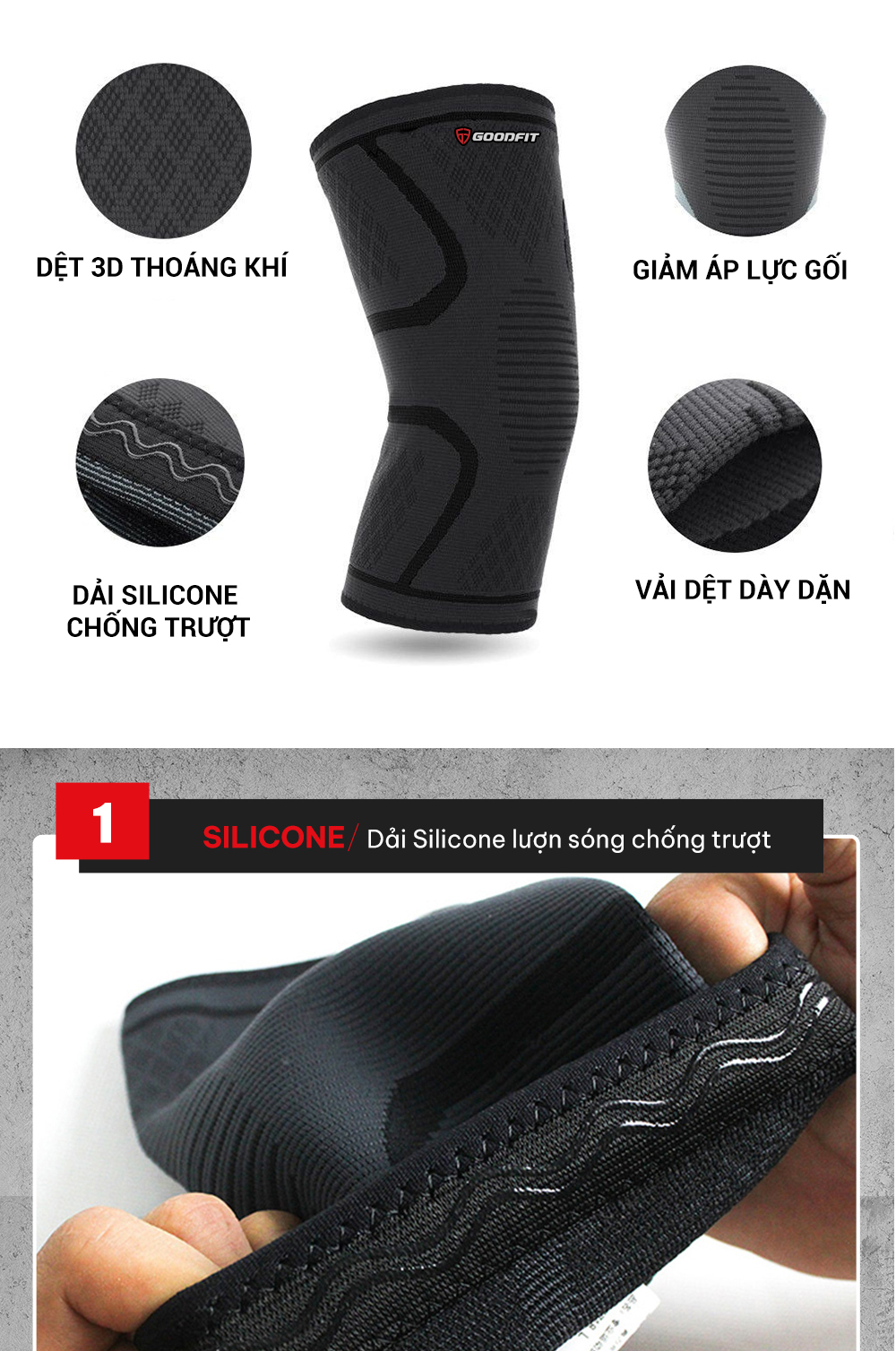 Mô tả Bó gối thể thao, bảo vệ đầu gối tập gym GoodFit co giãn 4 chiều, dệt 3D dày dặn GF518K - 4
