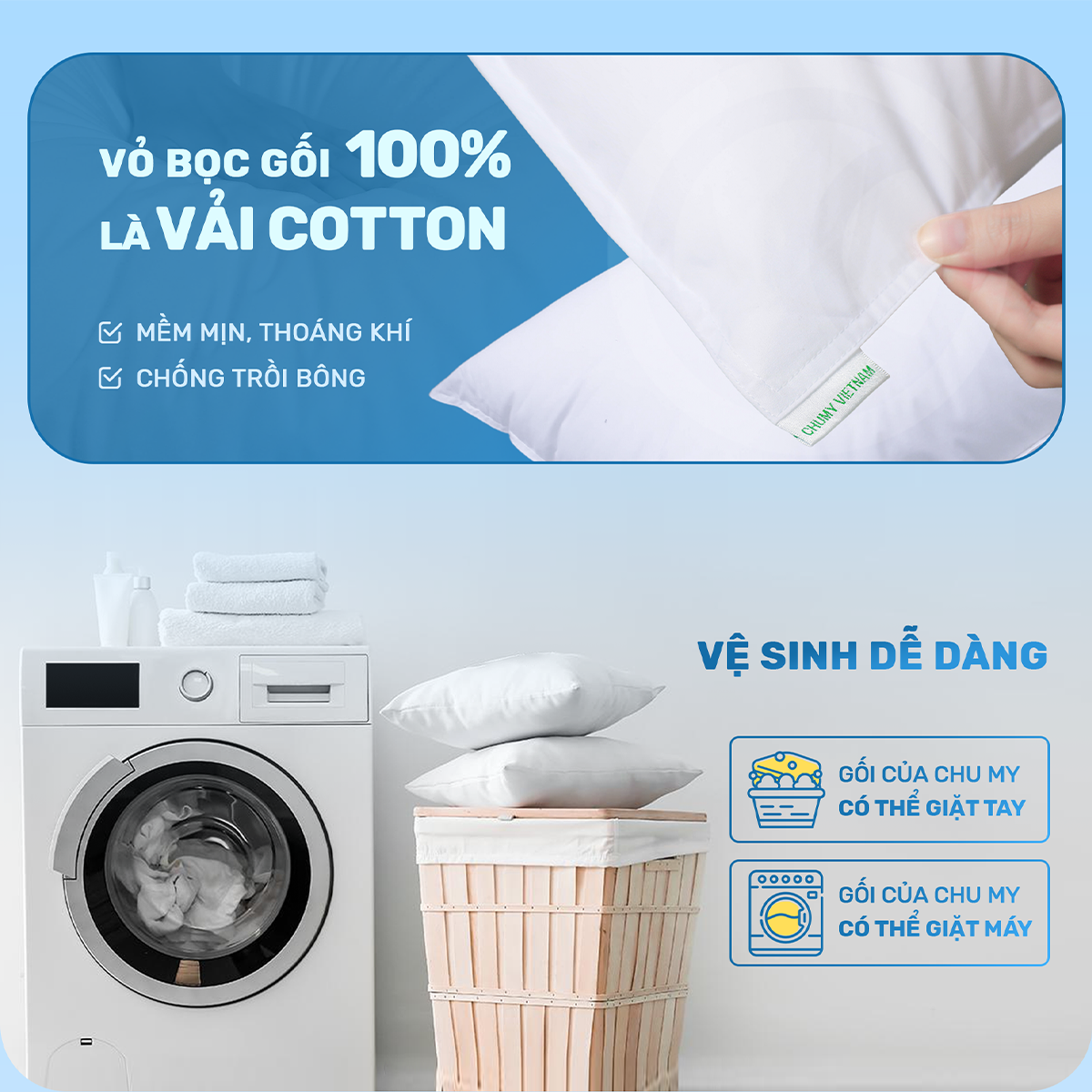 Mô tả Gối khách sạn CHU MY, êm ái bồng bềnh, vỏ cotton tự nhiên cao cấp - 5