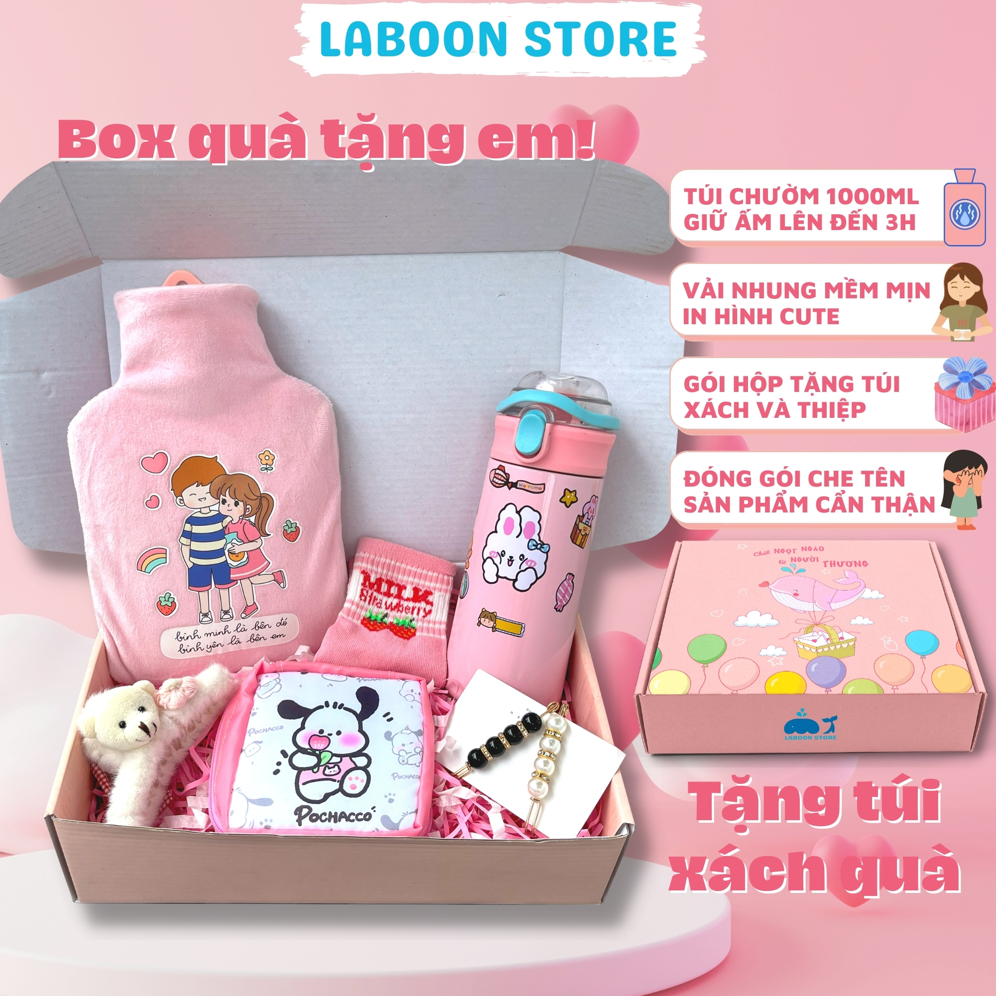 Mô tả Bộ quà tặng bạn gái túi chườm bụng đa năng 1000ml LABOON kèm bình giữ nhiệt và phụ kiện siêu xinh - 1