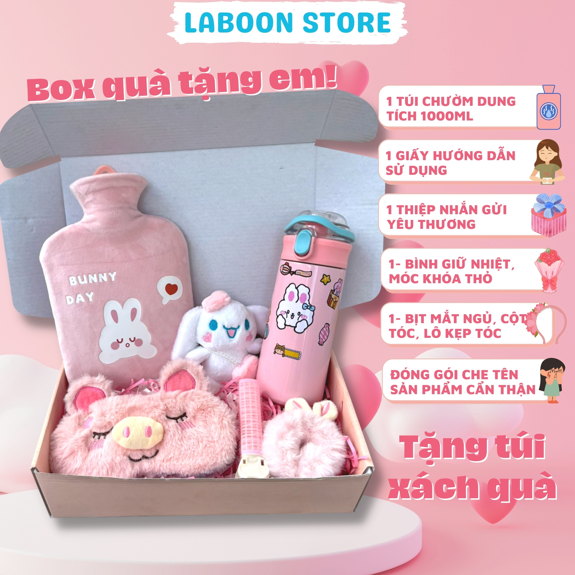 Mô tả Bộ quà tặng bạn gái túi chườm bụng đa năng 1000ml LABOON kèm bình giữ nhiệt và phụ kiện siêu xinh - 3