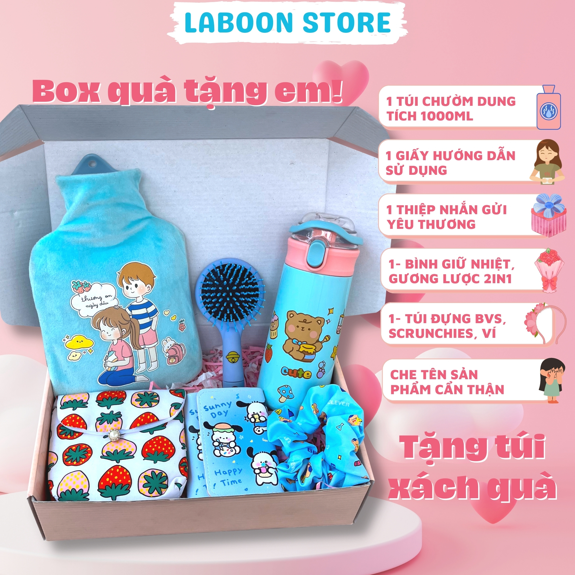 Mô tả Bộ quà tặng bạn gái túi chườm bụng đa năng 1000ml LABOON kèm bình giữ nhiệt và phụ kiện siêu xinh - 4