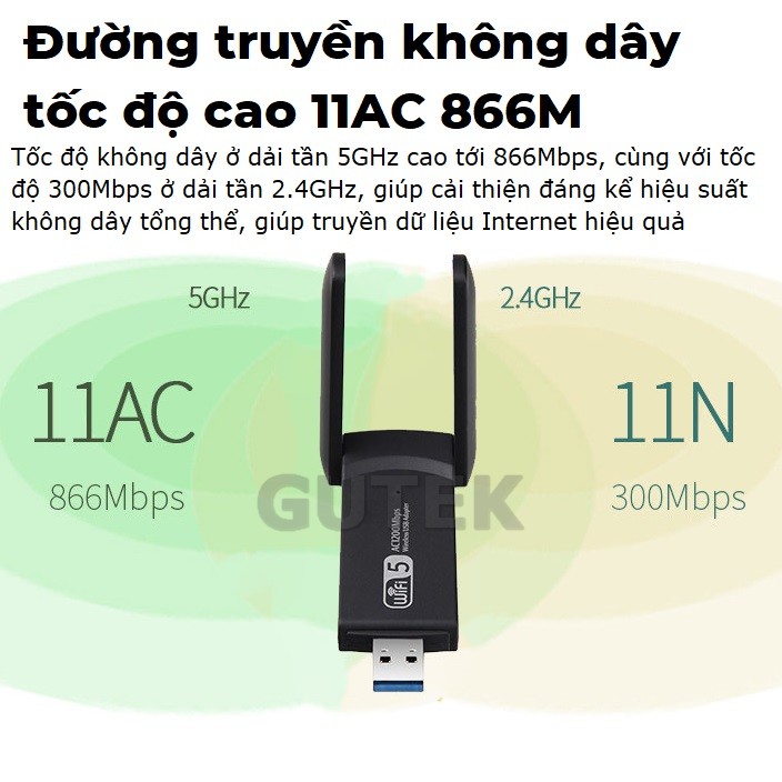 Mô tả USB thu sóng wifi Gutek WD46 1200mbps 2 râu nâng WiFi lên 5G cho máy tính pc laptop tần số 2.4G 5G - 5
