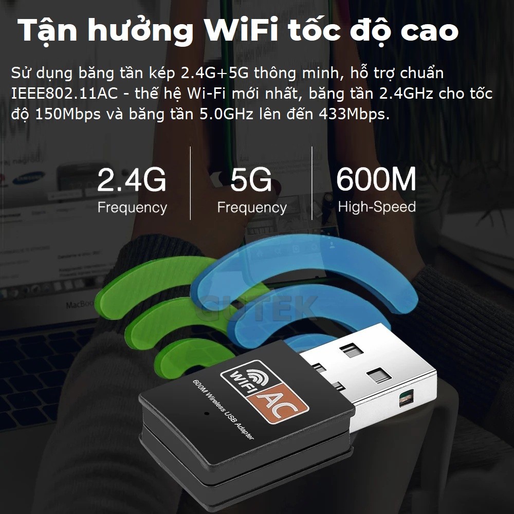 Mô tả USB thu sóng wifi Gutek RE601 600mbps tần số 2.4G 5G cho máy tính pc laptop tốc độ nhanh - 2