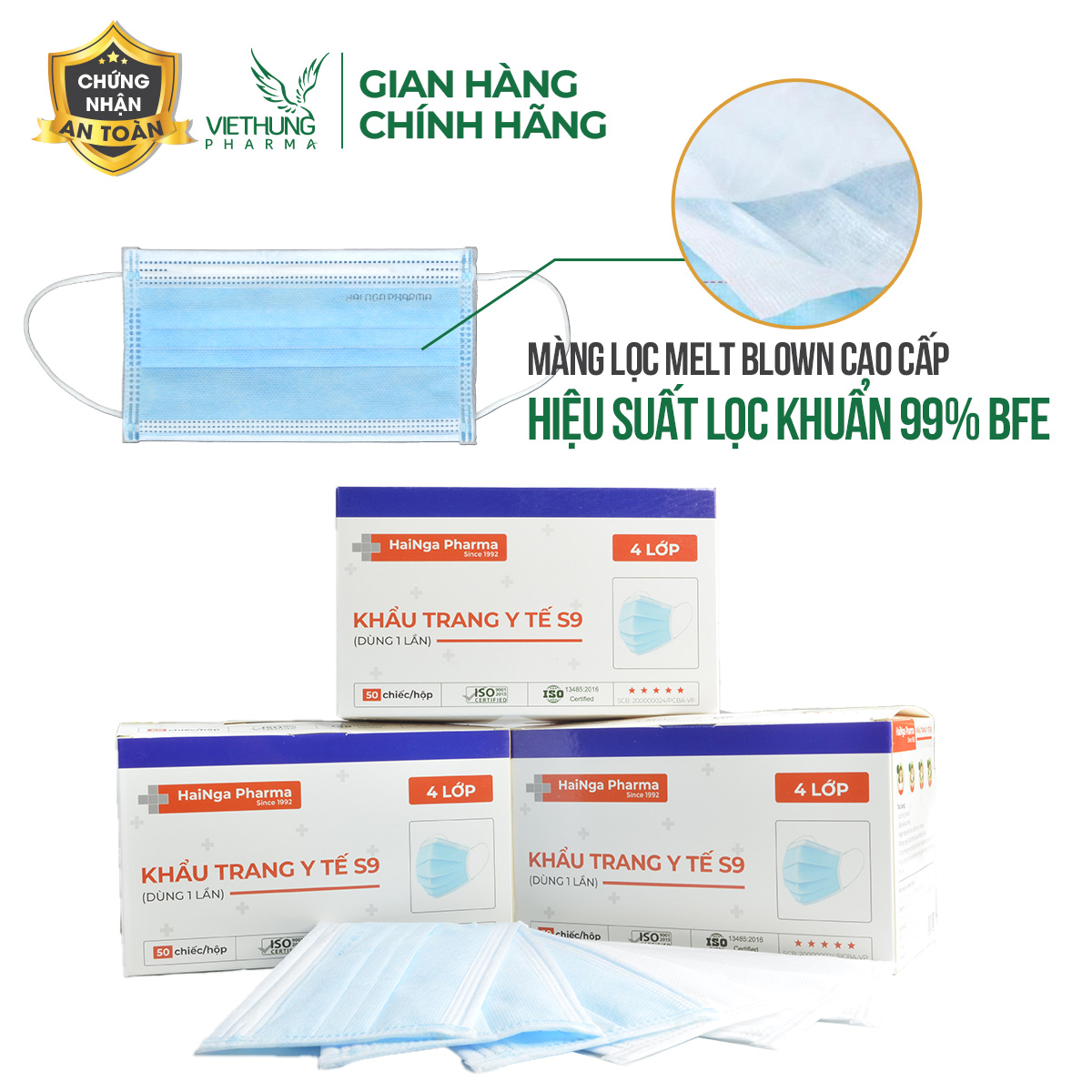 Mô tả Khẩu Trang Y Tế 4 Lớp Kháng Khuẩn VietHung Pharma, Màu Trắng và Xanh, Giúp Diệt Nấm Mốc, Bụi Mịn, Hộp Khẩu Trang 50 Cái - 2
