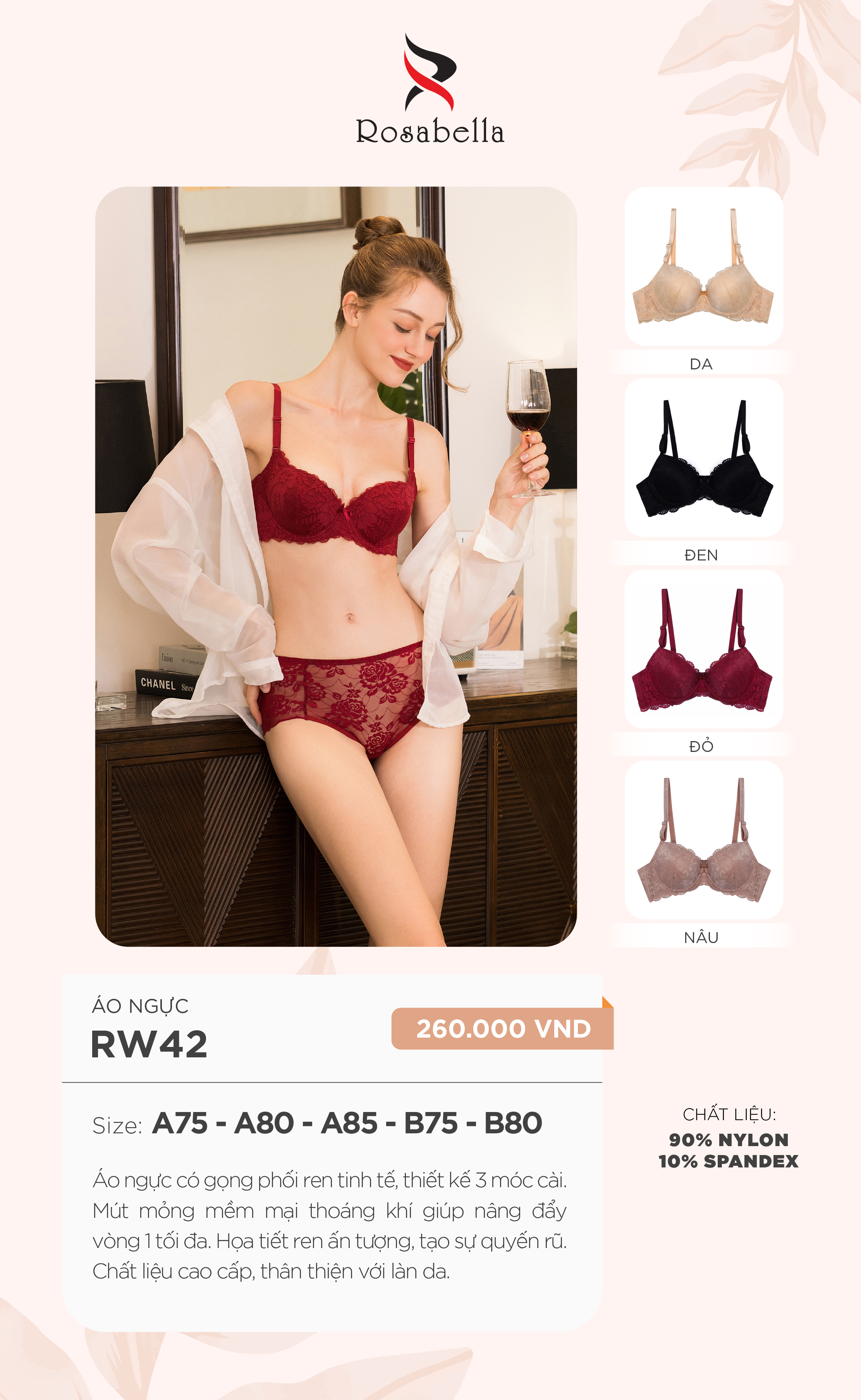 Mô tả Áo Ngực Có Gọng ROSABELLA Họa Tiết Ren Tạo Sự Quyến Rũ Chất Liệu Cao Cấp Thân Thiện Làn Da RW42 - 1