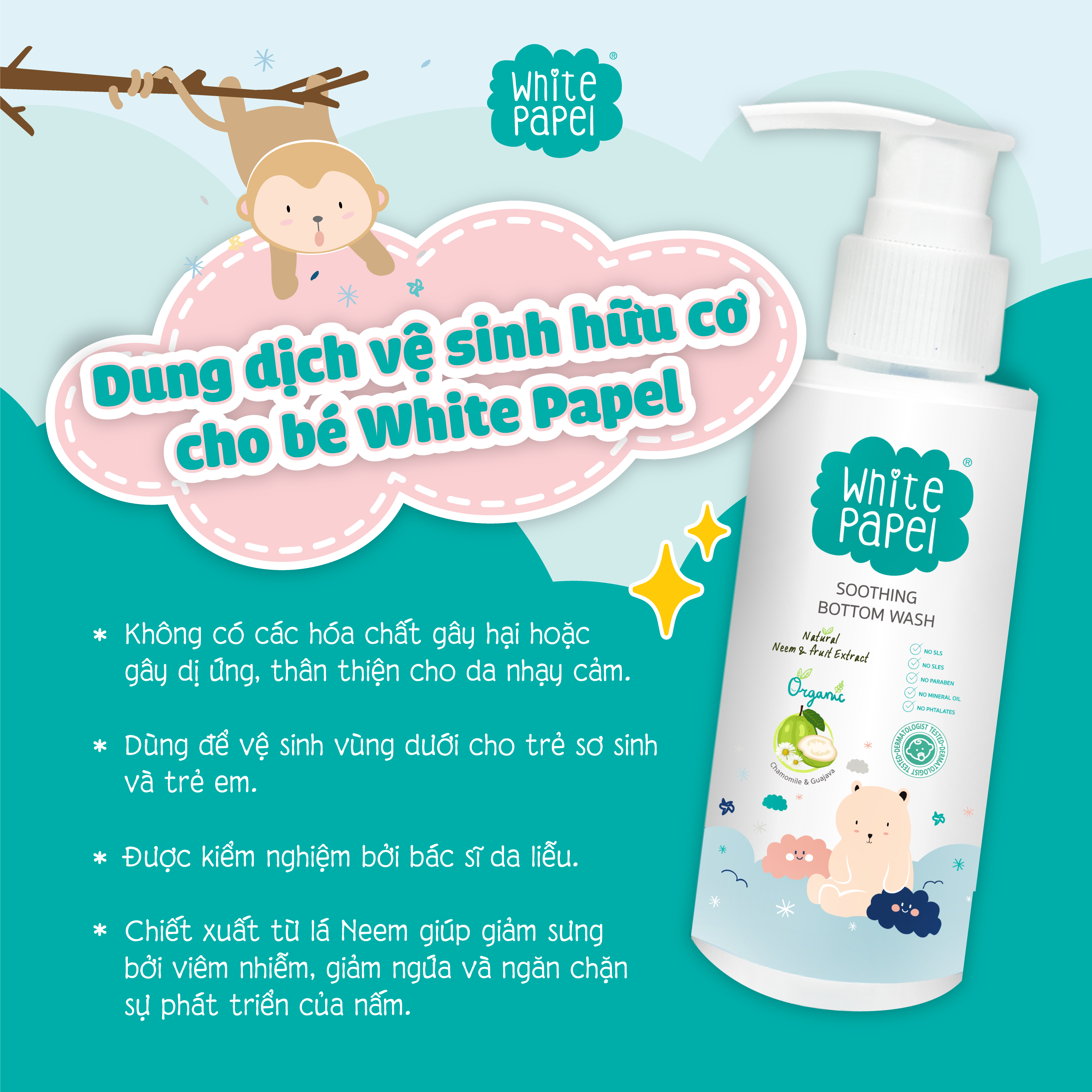 Mô tả Dung dịch vệ sinh hữu cơ tự nhiên Organic làm sạch nhẹ dịu cho bé White Papel 120ml - 1