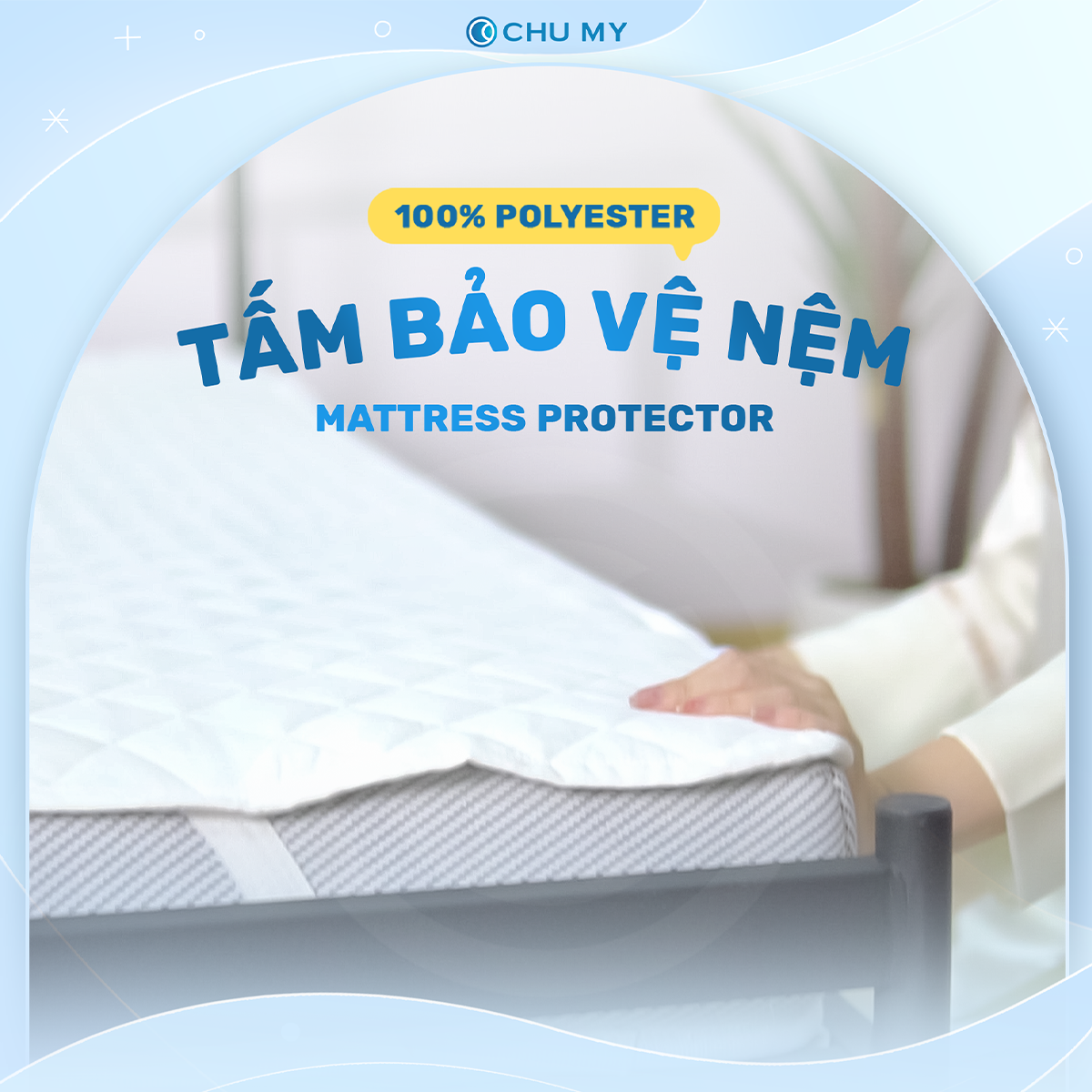 Mô tả Tấm bảo vệ nệm CHU MY 100% polyester, 3 lớp chần bông kiểu ô vuông, chống thấm nước và bụi bẩn - 1