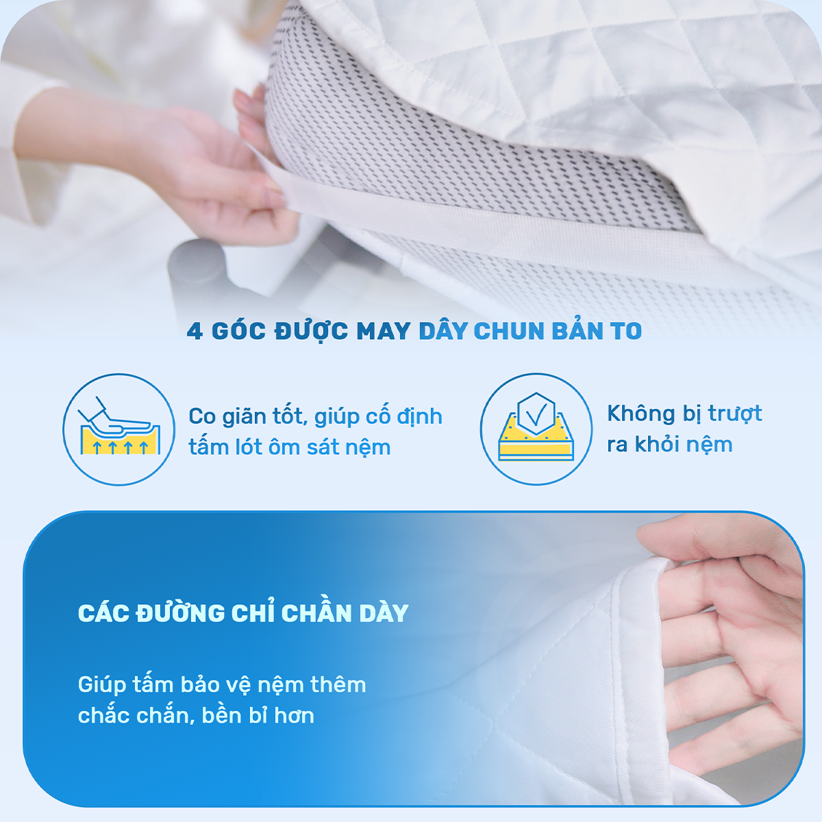 Mô tả Tấm bảo vệ nệm CHU MY 100% polyester, 3 lớp chần bông kiểu ô vuông, chống thấm nước và bụi bẩn - 3