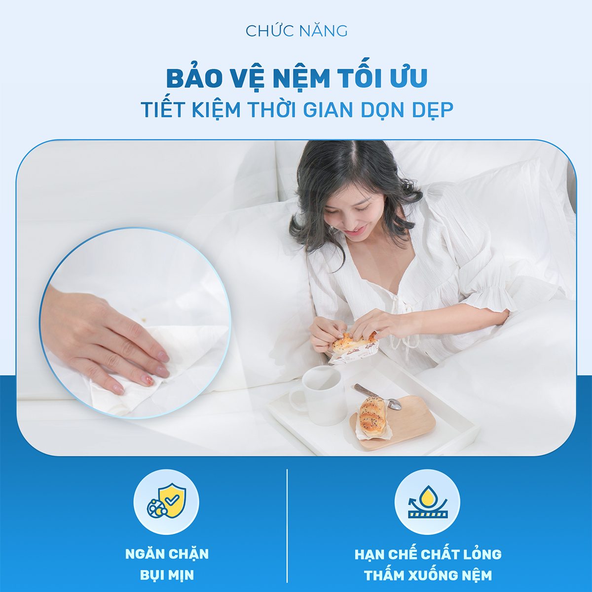 Mô tả Tấm bảo vệ nệm CHU MY 100% polyester, 3 lớp chần bông kiểu ô vuông, chống thấm nước và bụi bẩn - 4
