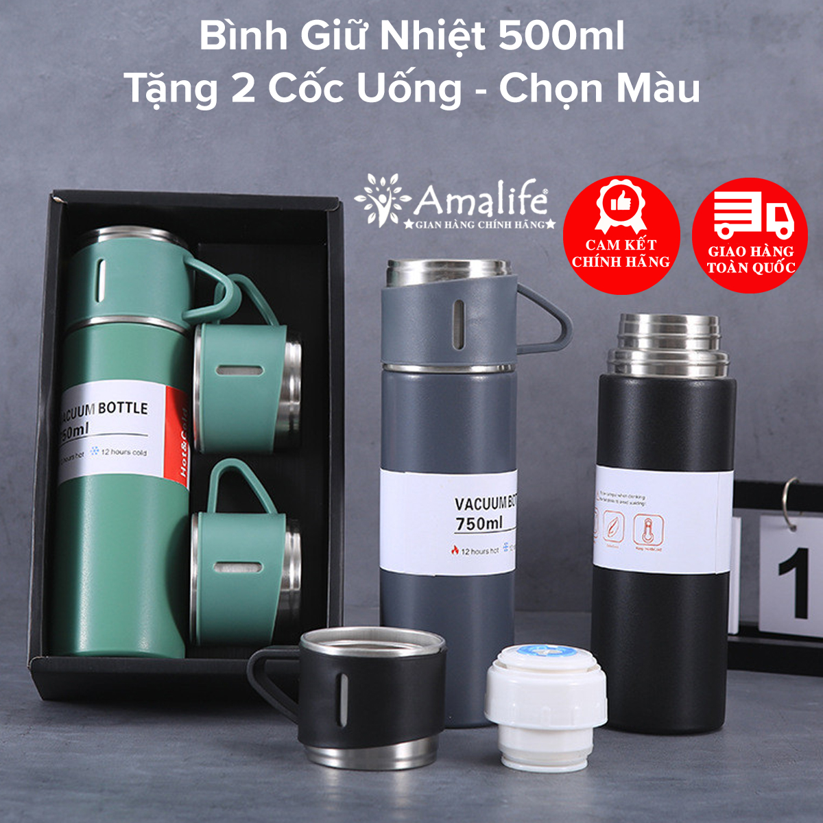 Mô tả Bình Giữ Nhiệt 500ml Tặng Kèm 2 Cốc – Chọn Màu – Có Nút Nhấn Uống Trực Tiếp Kèm Hộp Quà Tặng Sang Trọng Hãng Amalife - 1
