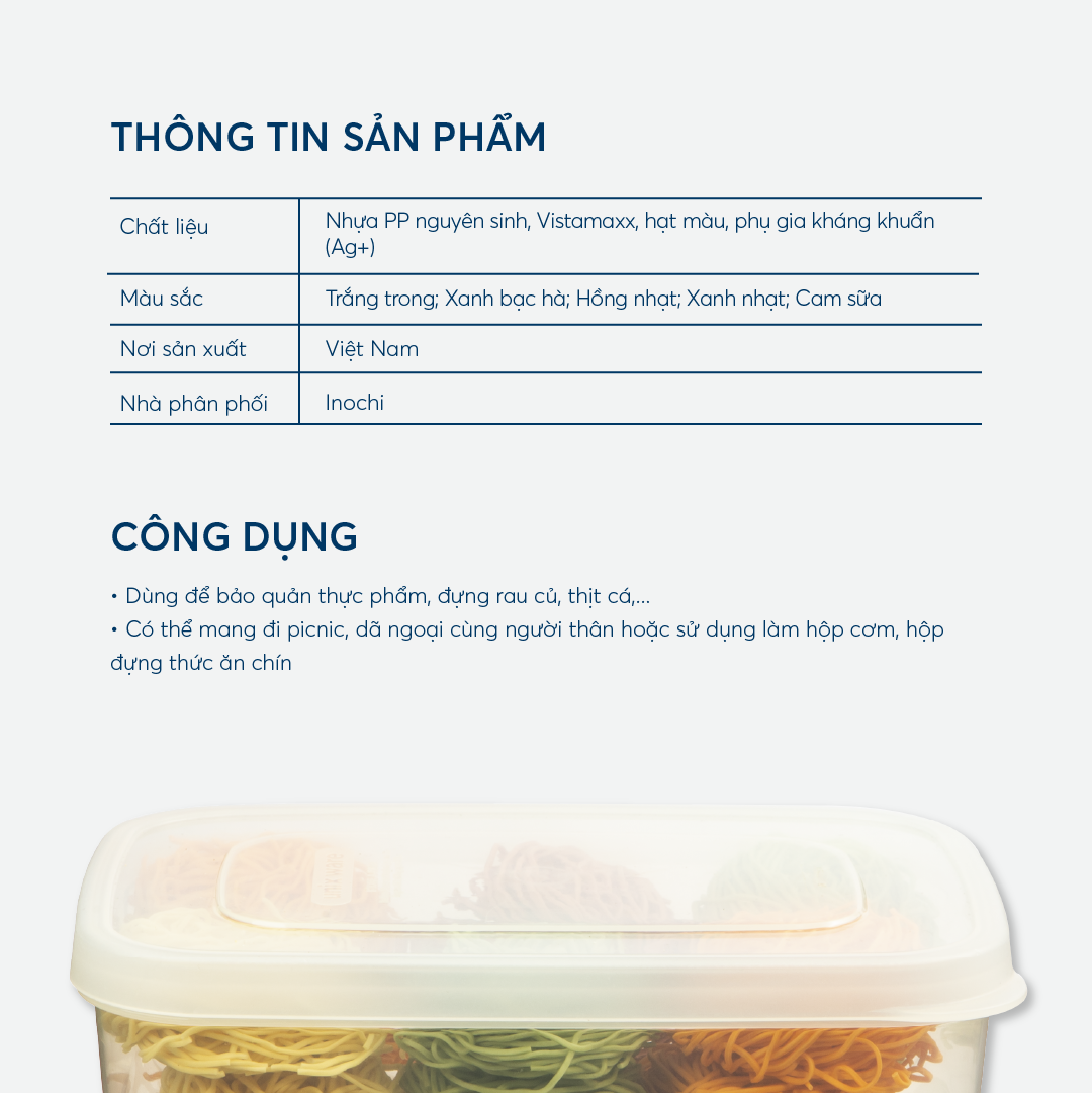 Mô tả Bộ 6 hộp thực phẩm chữ nhật inochi, Nhựa PP an toàn, chịu nhiệt 140 độ C, dễ tẩy rửa k bám mùi, hộp đựng cơm văn phòng - 8