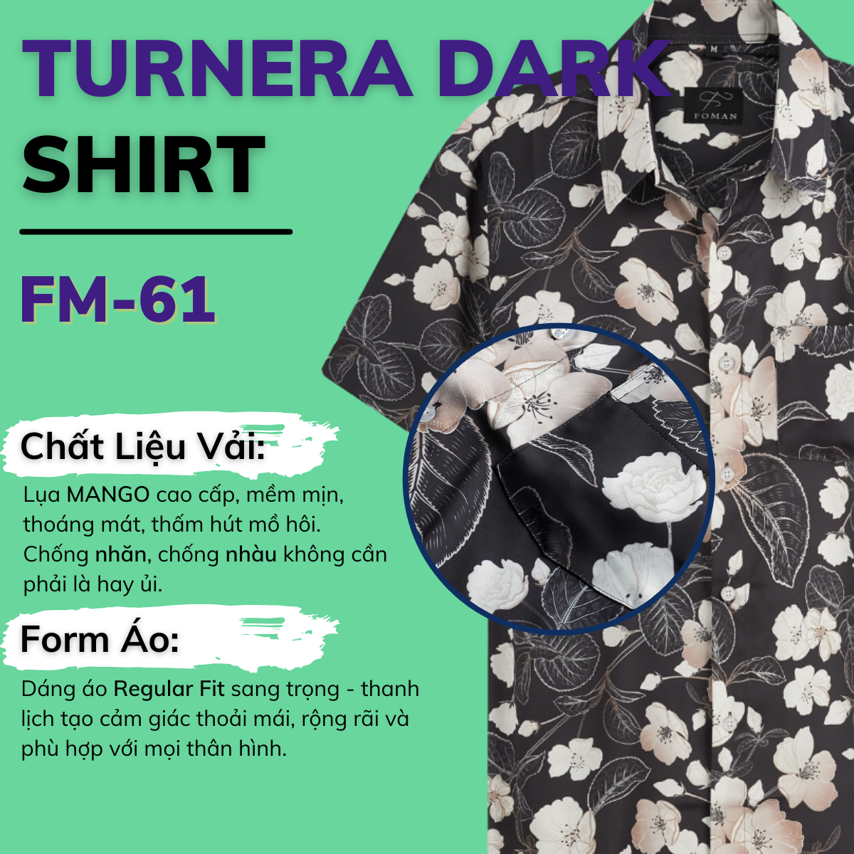 Mô tả Áo sơ mi tay ngắn Nam hoạ tiết TURNERA DARK chính hãng FOMAN vải Lụa Mango, thoáng mát, co giãn, thấm hút tốt | FM-61 - 1
