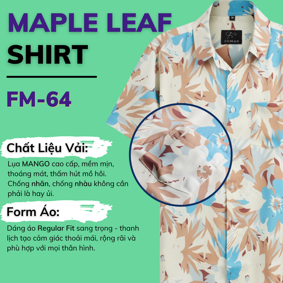 Mô tả Áo sơ mi tay ngắn Nam chính hãng FOMAN hoạ tiết Lá Phong Maple Leaf vải Lụa, thoáng mát, thấm hút, không nhăn | FM-64 - 1