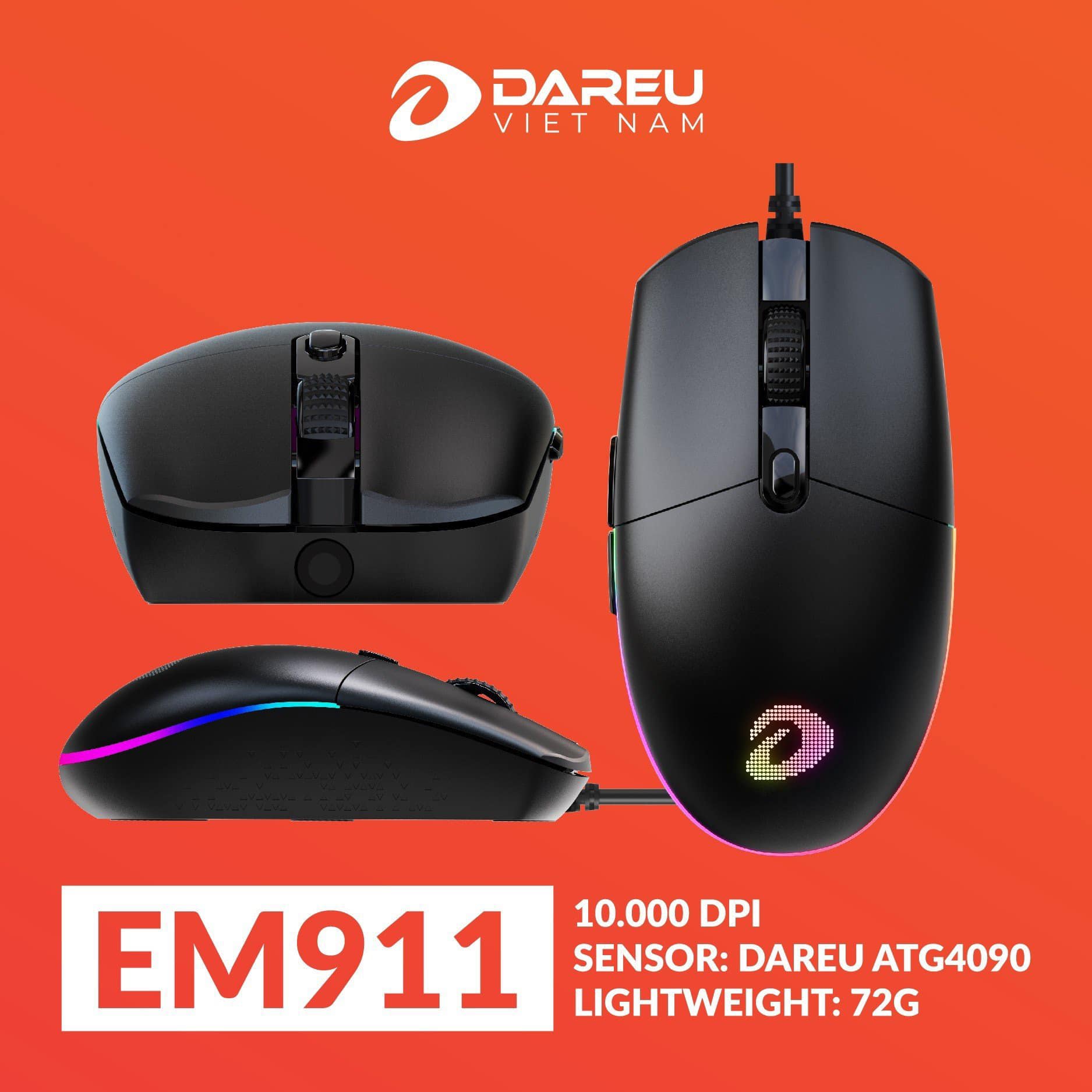 Mô tả Chuột Gaming DAREU EM911 RGB ( DareU BRAVO sensor: 10.000 DPI, Lightweight: 72g) - 2