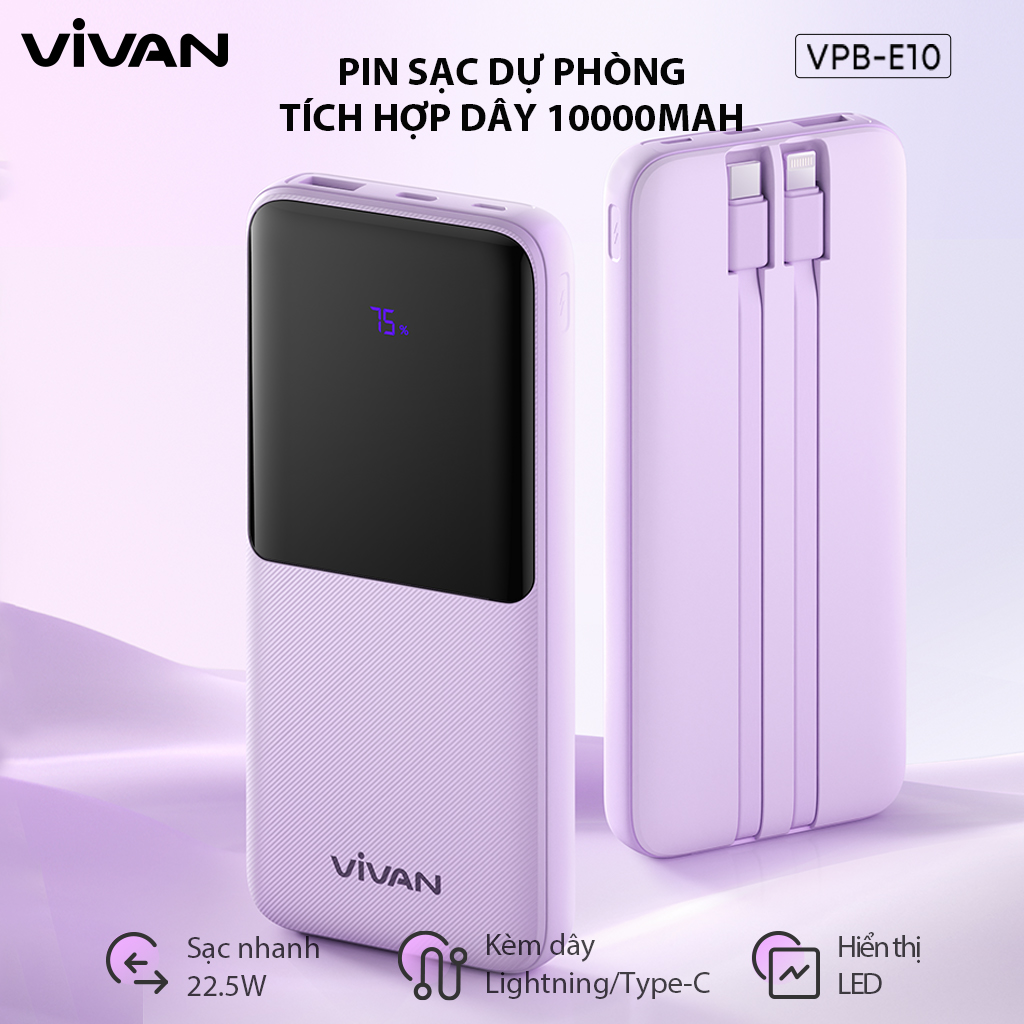 Mô tả Pin Sạc Dự Phòng 10000mAh VIVAN VPB-E10 Tích Hợp Dây Sạc, 4 OUTPUT Công Suất 22.5W, Hỗ Trợ PD/ QC3.0/ VOOC - 2