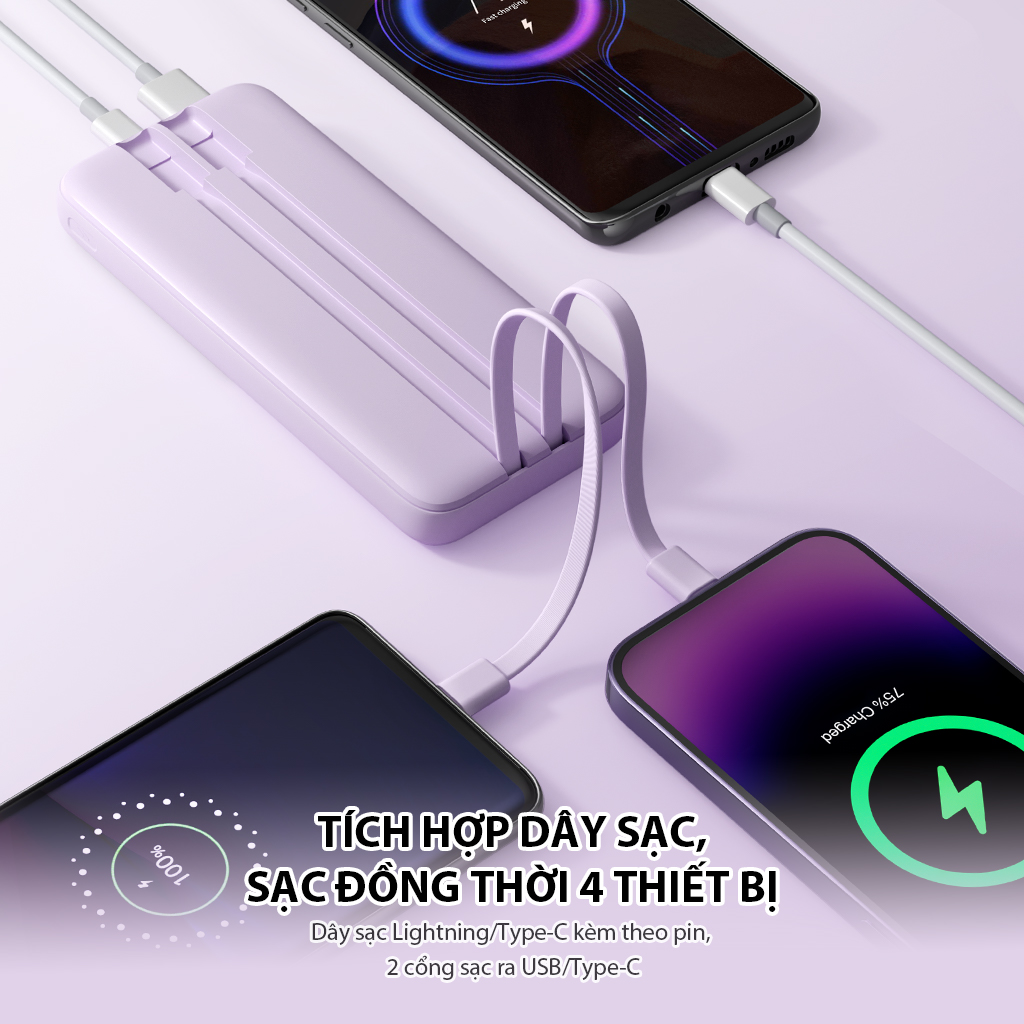 Mô tả Pin Sạc Dự Phòng 10000mAh VIVAN VPB-E10 Tích Hợp Dây Sạc, 4 OUTPUT Công Suất 22.5W, Hỗ Trợ PD/ QC3.0/ VOOC - 3