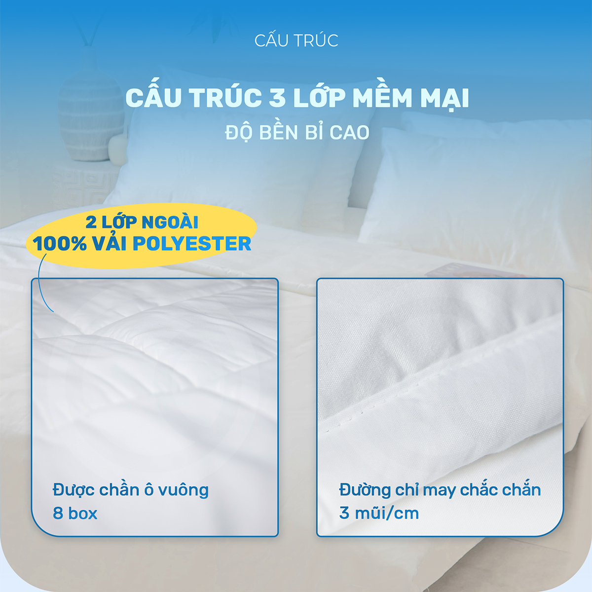 Mô tả Ruột chăn bông tấm CHUMY chần 3 lớp, kích thước 2mx2m2, 4 góc có dây móc cố định chắc chắn - 3