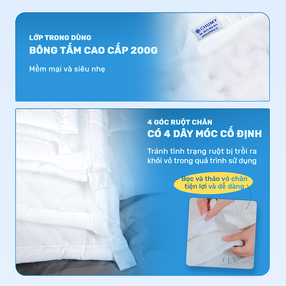 Mô tả Ruột chăn bông tấm CHUMY chần 3 lớp, kích thước 2mx2m2, 4 góc có dây móc cố định chắc chắn - 4